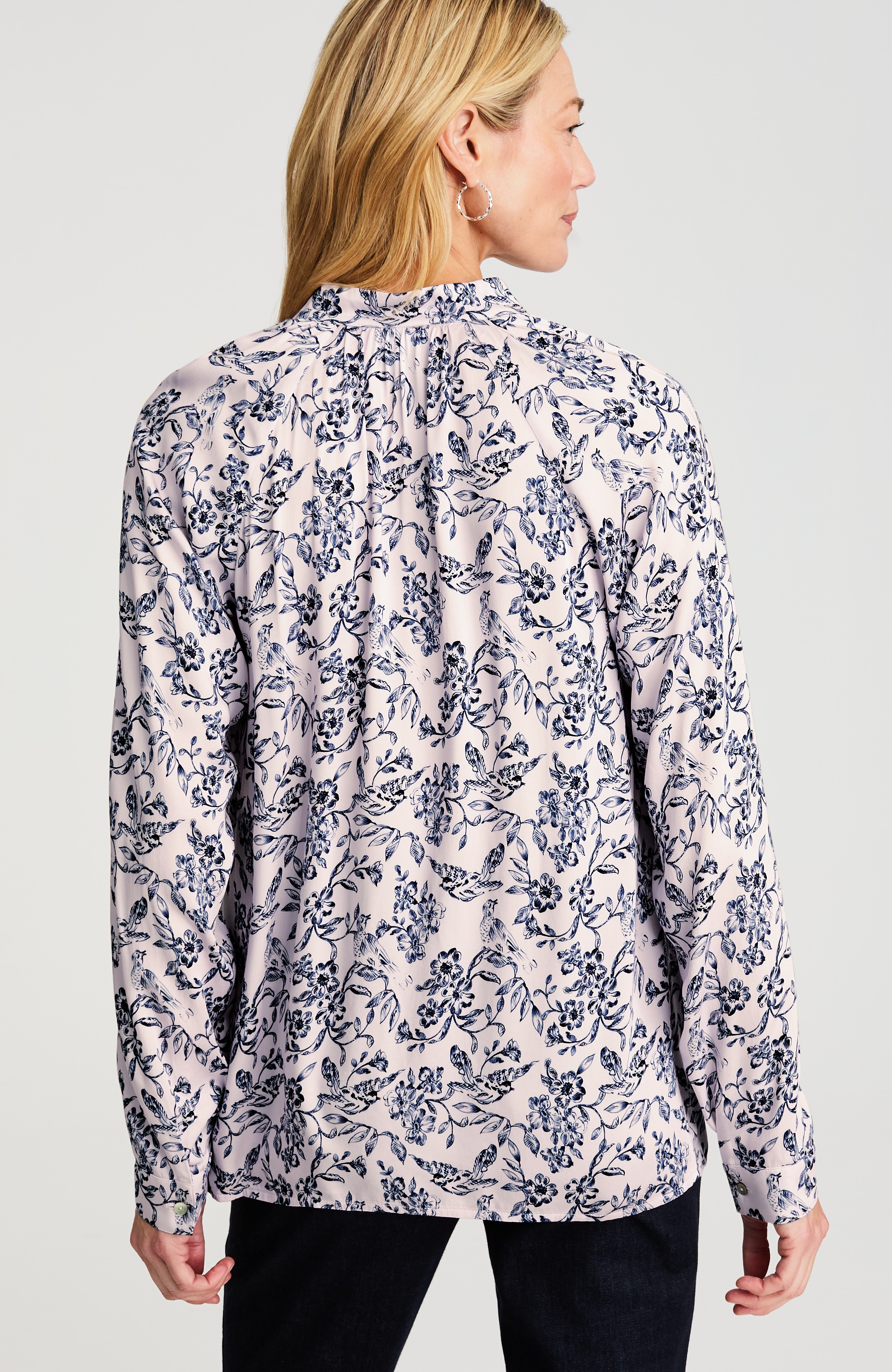 bird-printed satin top
