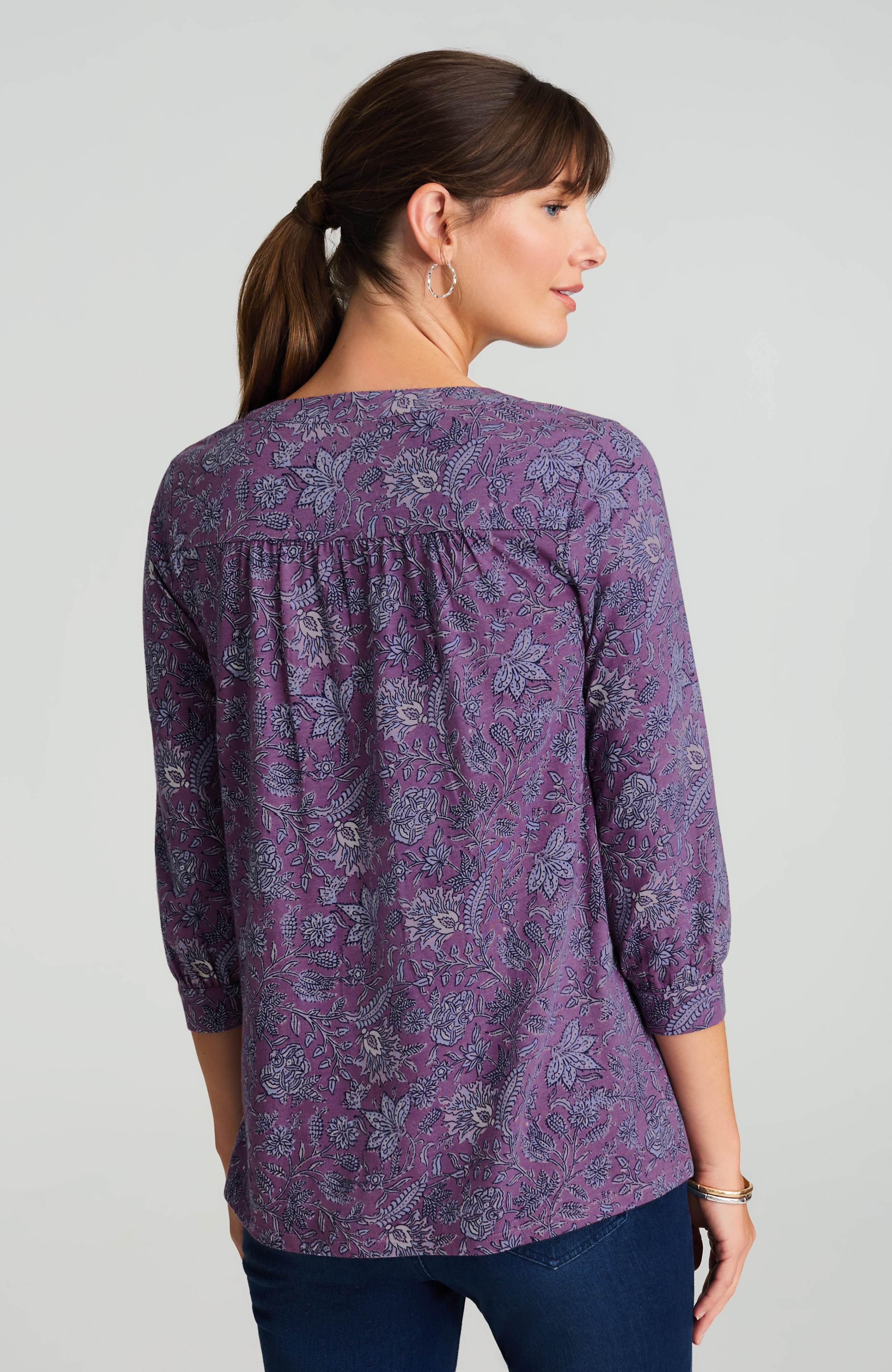 pure jill printed split-neck top