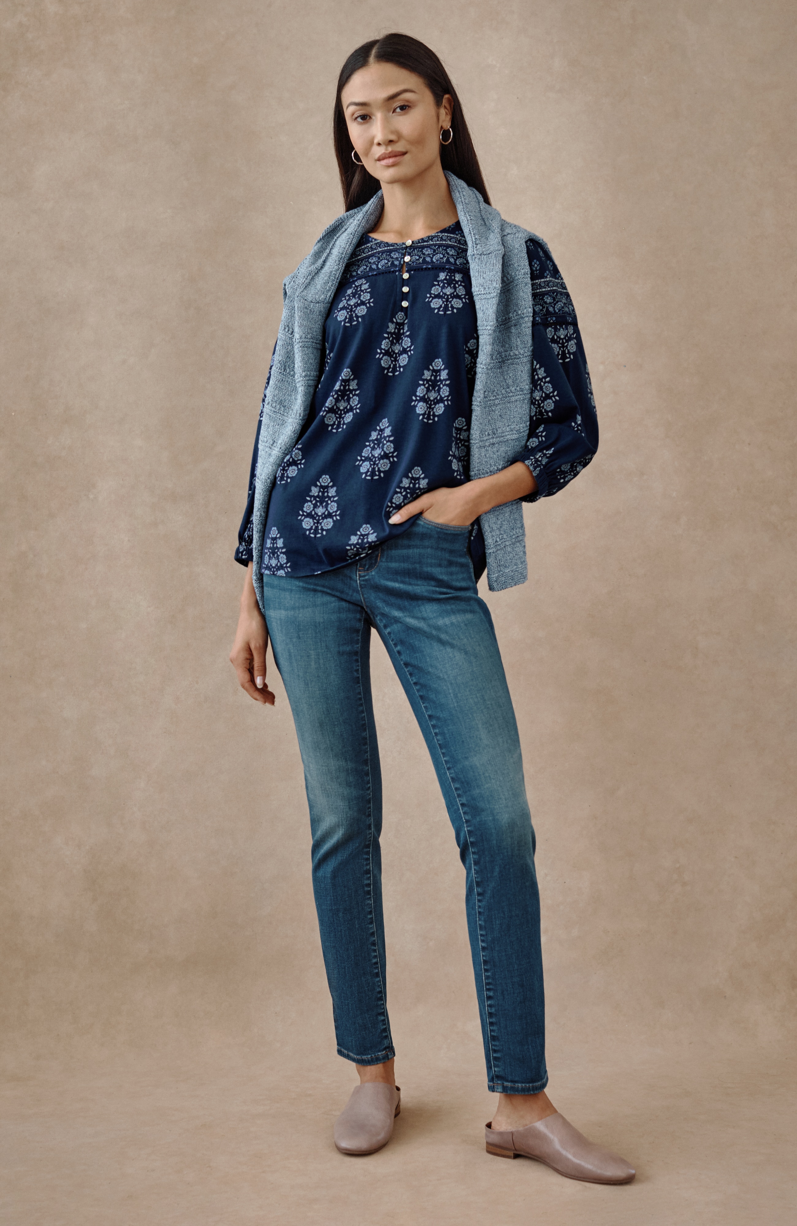 pure jill border-printed-yoke top