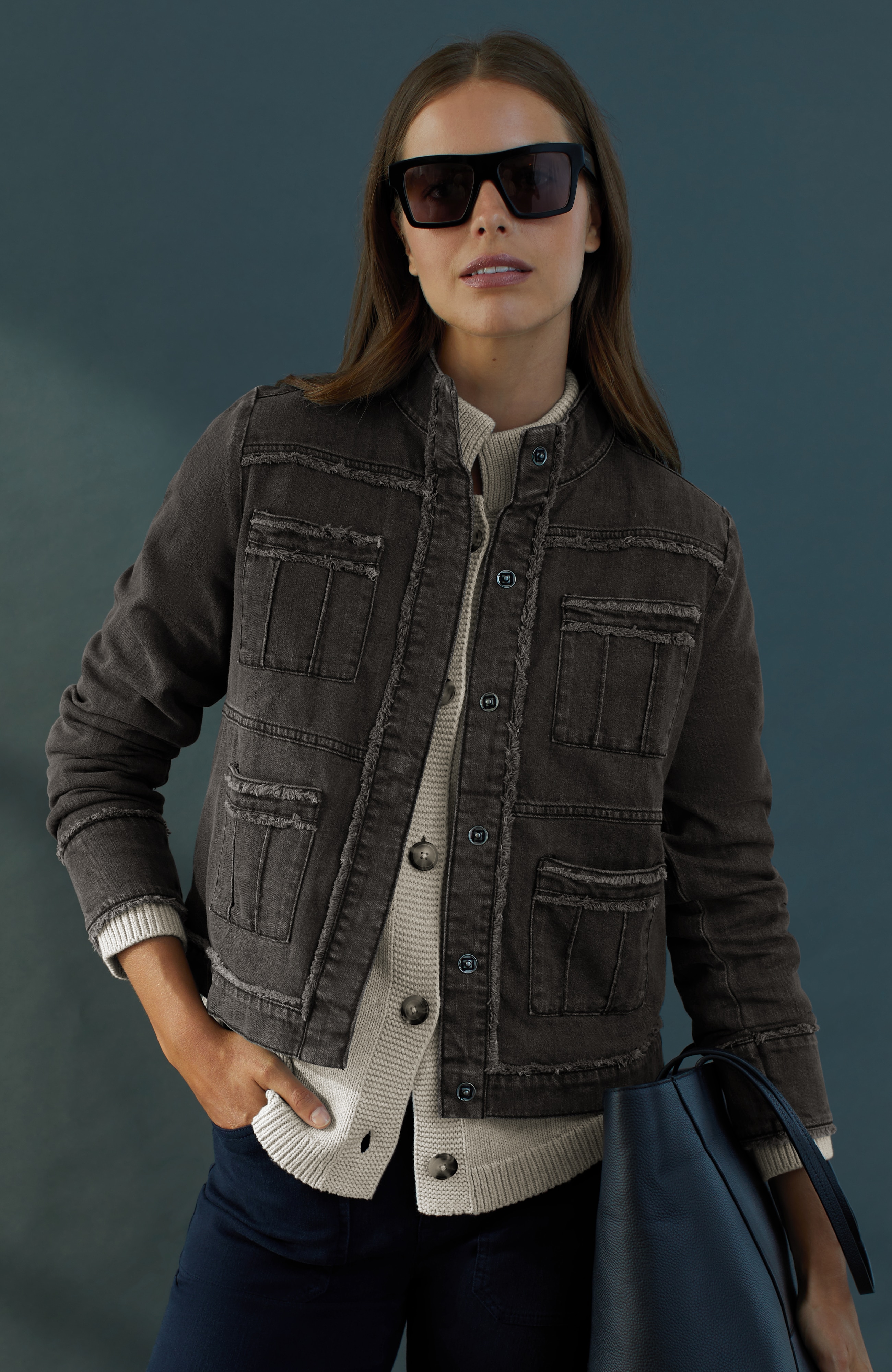 ジャケット・アウター all hemp denim multiple pockets jacket Fringed Denim Patch-Pocket Jacket | JJill