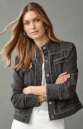 Image for Fringed Denim Patch-Pocket Jacket