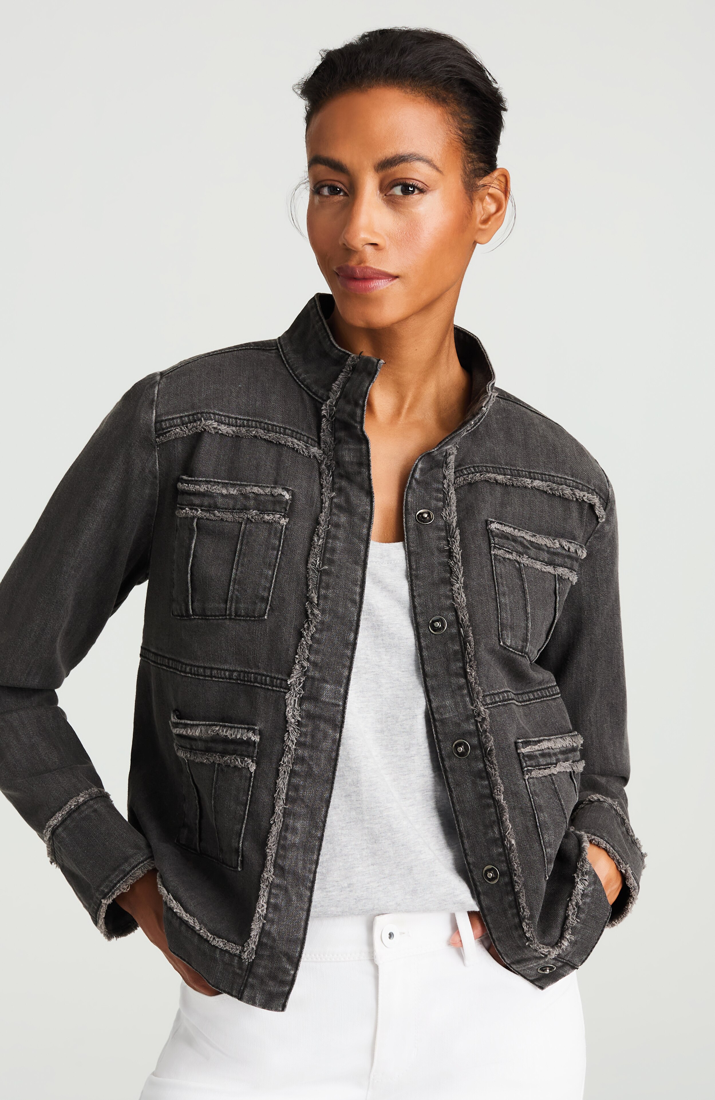 fringed denim patch-pocket jacket