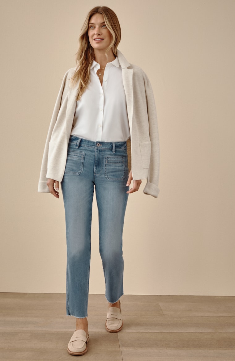 Primary view of the patch-pocket fringe-hem jeans