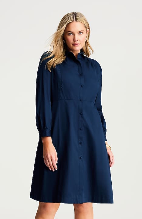 button up dress shirt dress Camp | Navy Linen Short Sleeve Not lined Material composition Women's Plus Size Button-Front Shirtdress