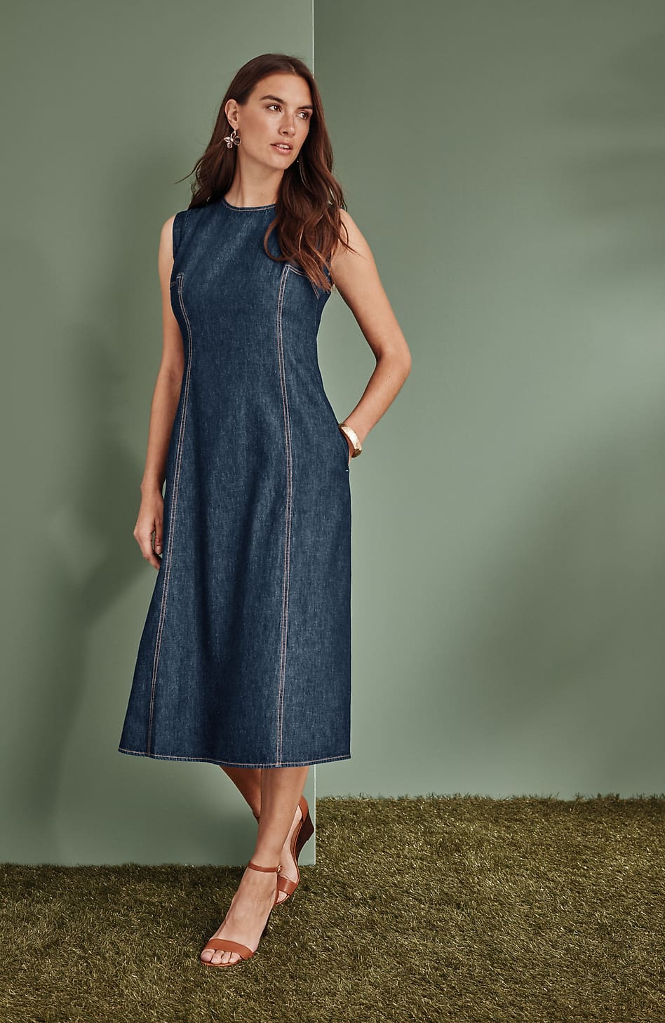 knee length dresses for ladies Denim Seamed Midi Dress in Medium Wash S
