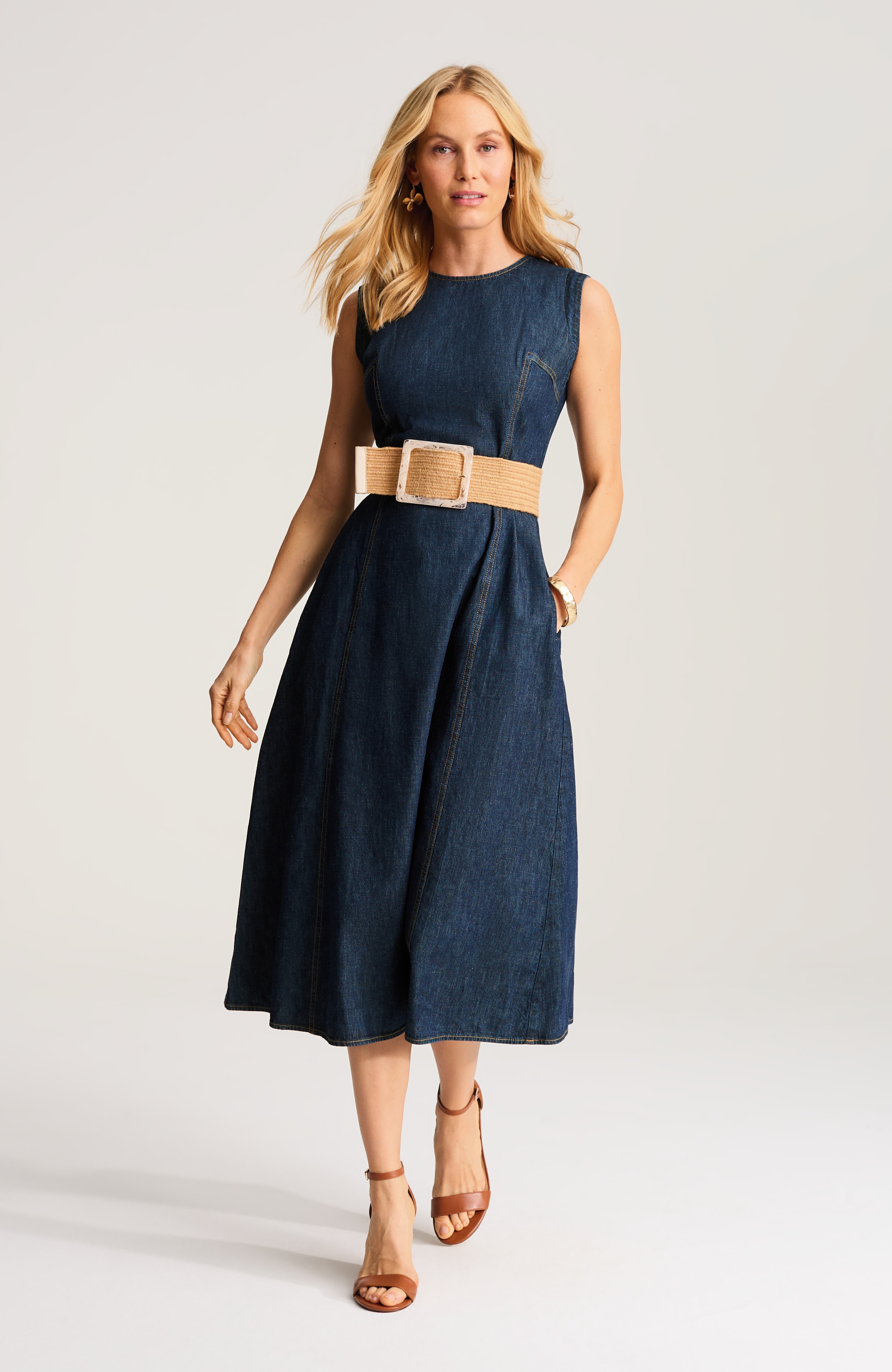 seamed indigo midi dress