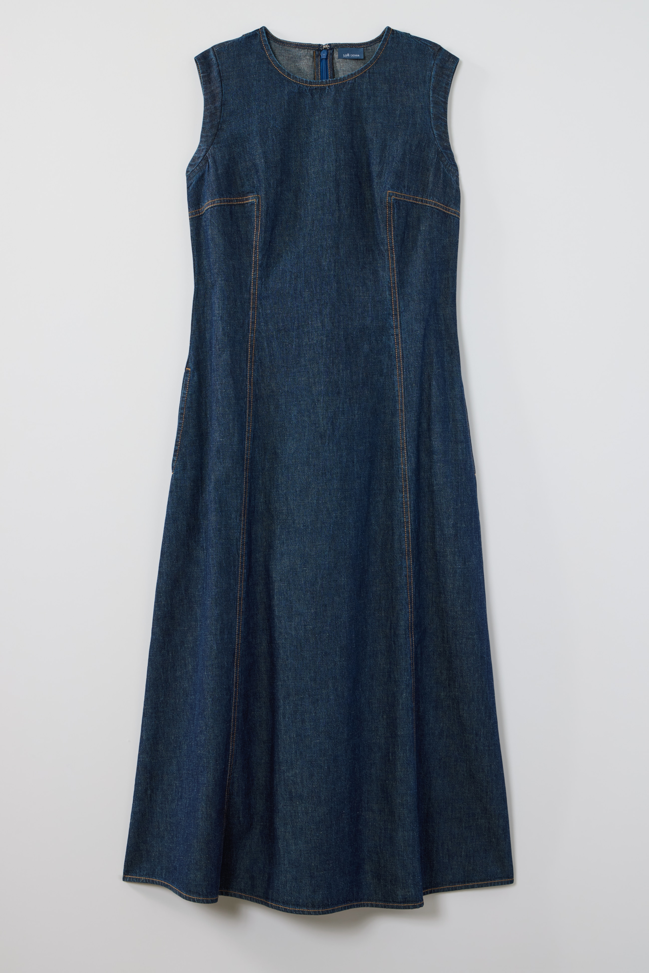 seamed indigo midi dress