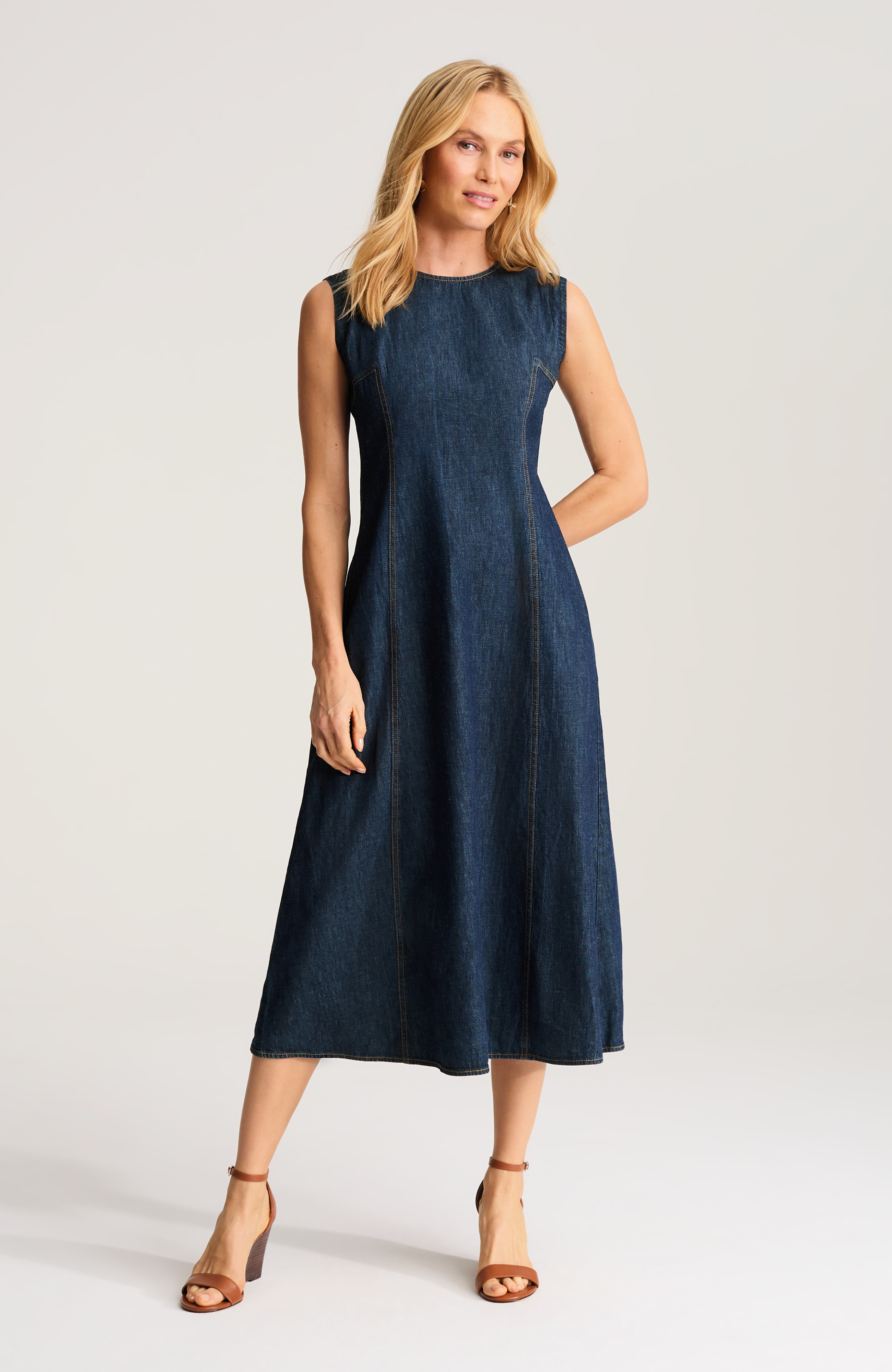 seamed indigo midi dress