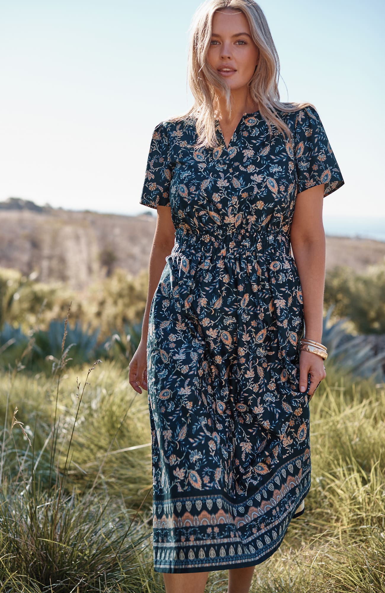 Jjill Tall Flutter-sleeve Midi Dress In Prussian Blue Jacobean Vines