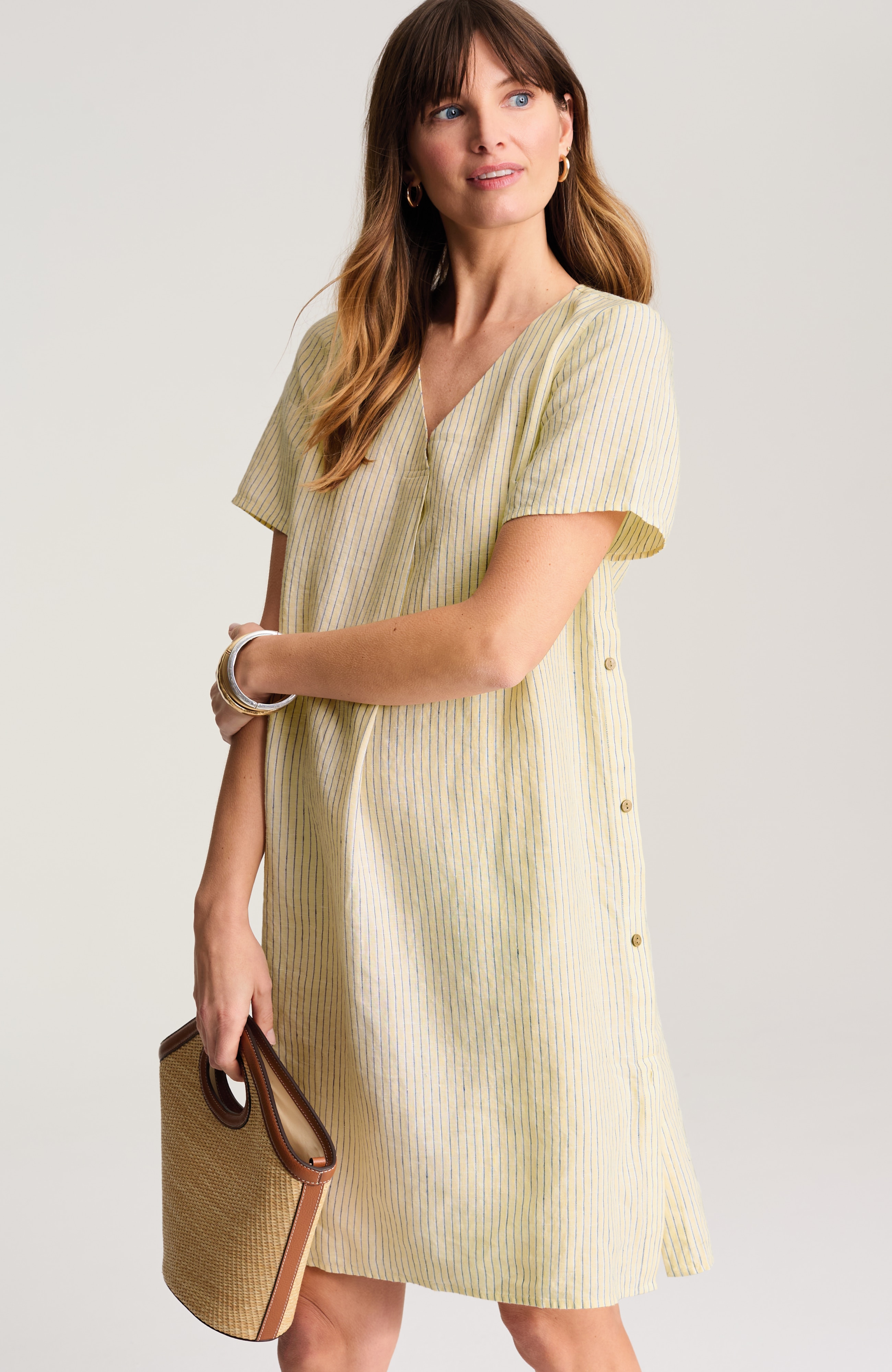 side-button linen v-neck dress