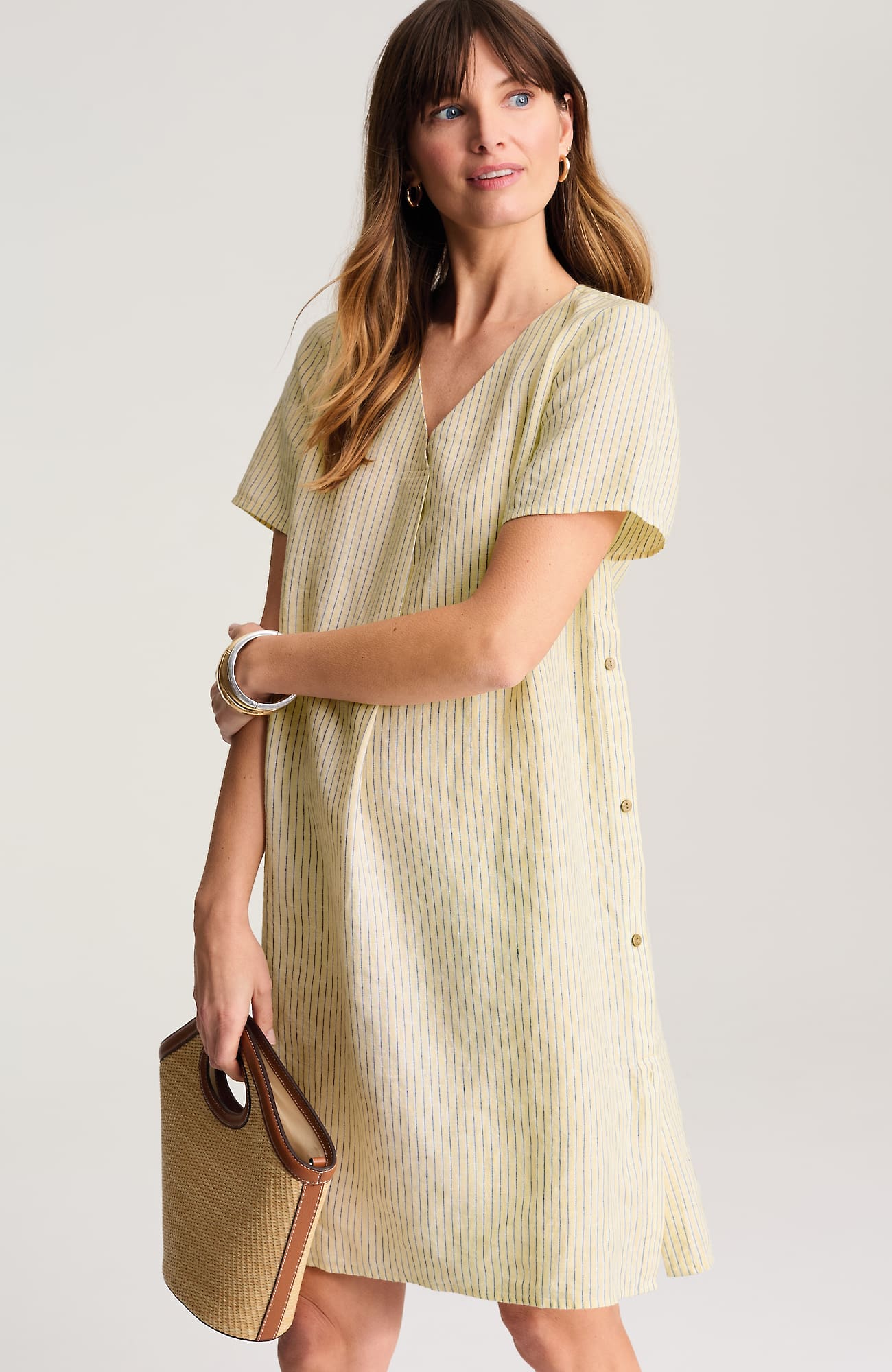 Women's Plus Size Side-Button Linen V-Neck Dress (Canary Yellow Multi) (Size: 2X) J. Jill
