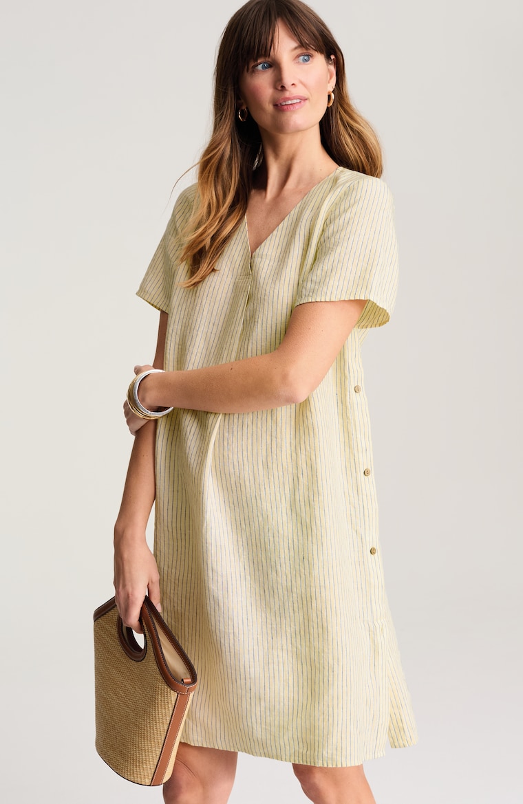 side button linen dress SIDE-BUTTON LINEN V-NECK DRESS