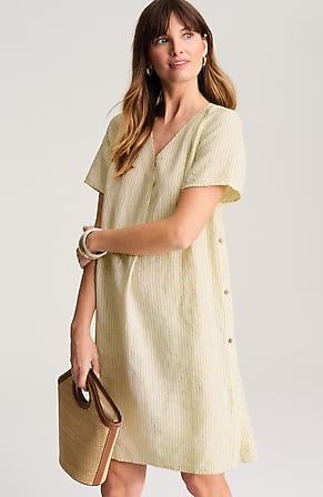 Image for Side-Button Linen V-Neck Dress
