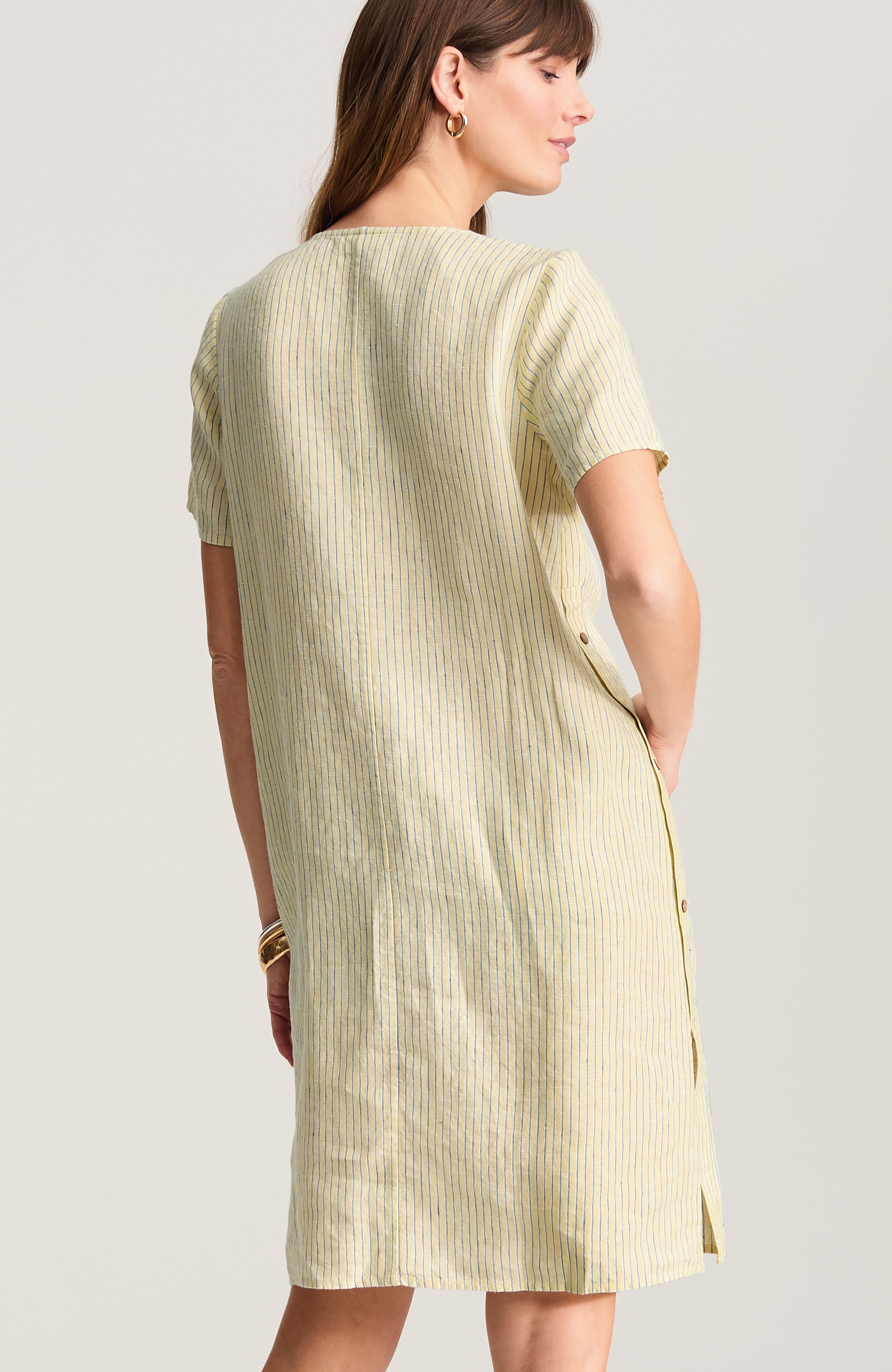 side-button linen v-neck dress