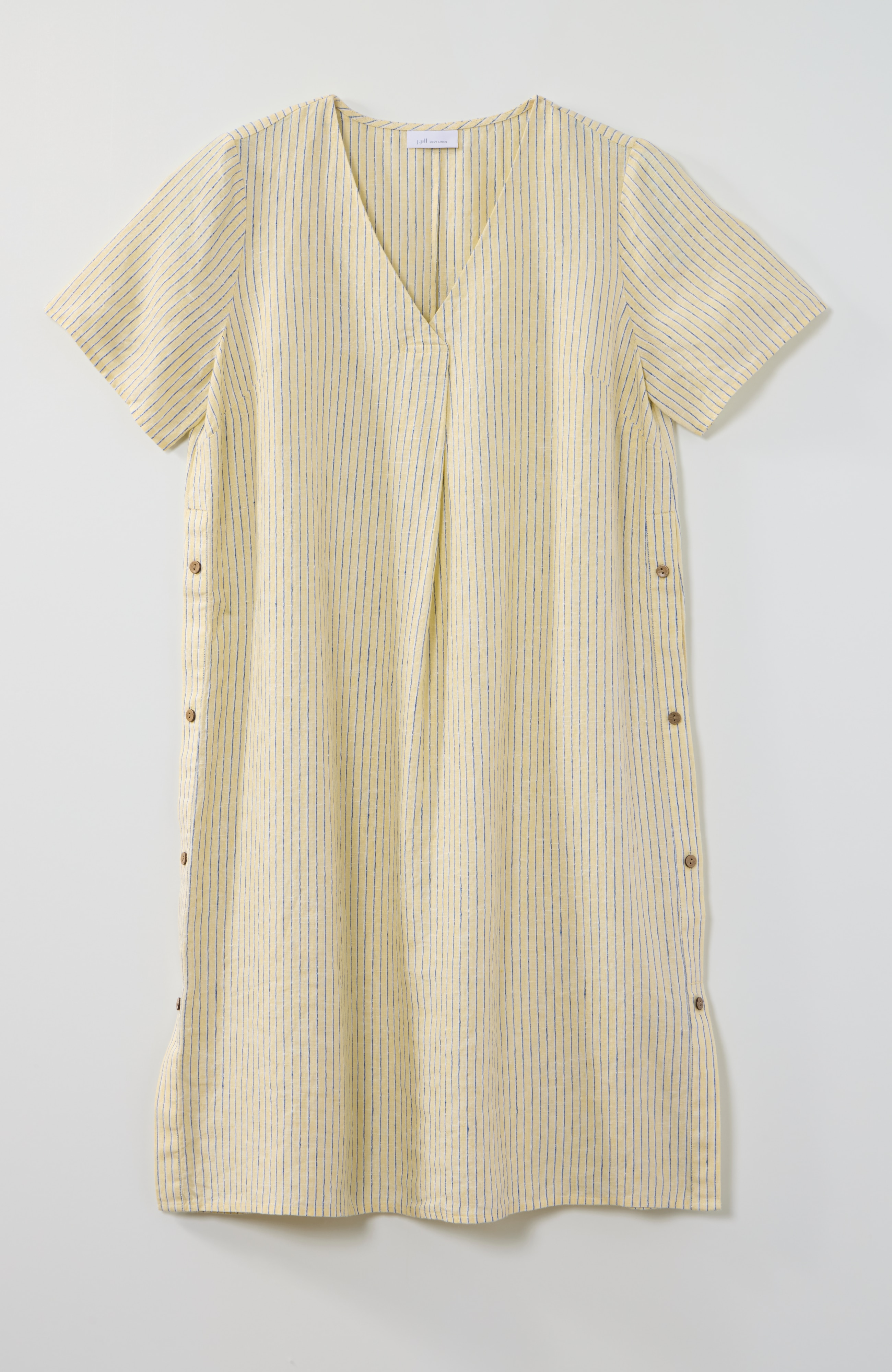 side-button linen v-neck dress
