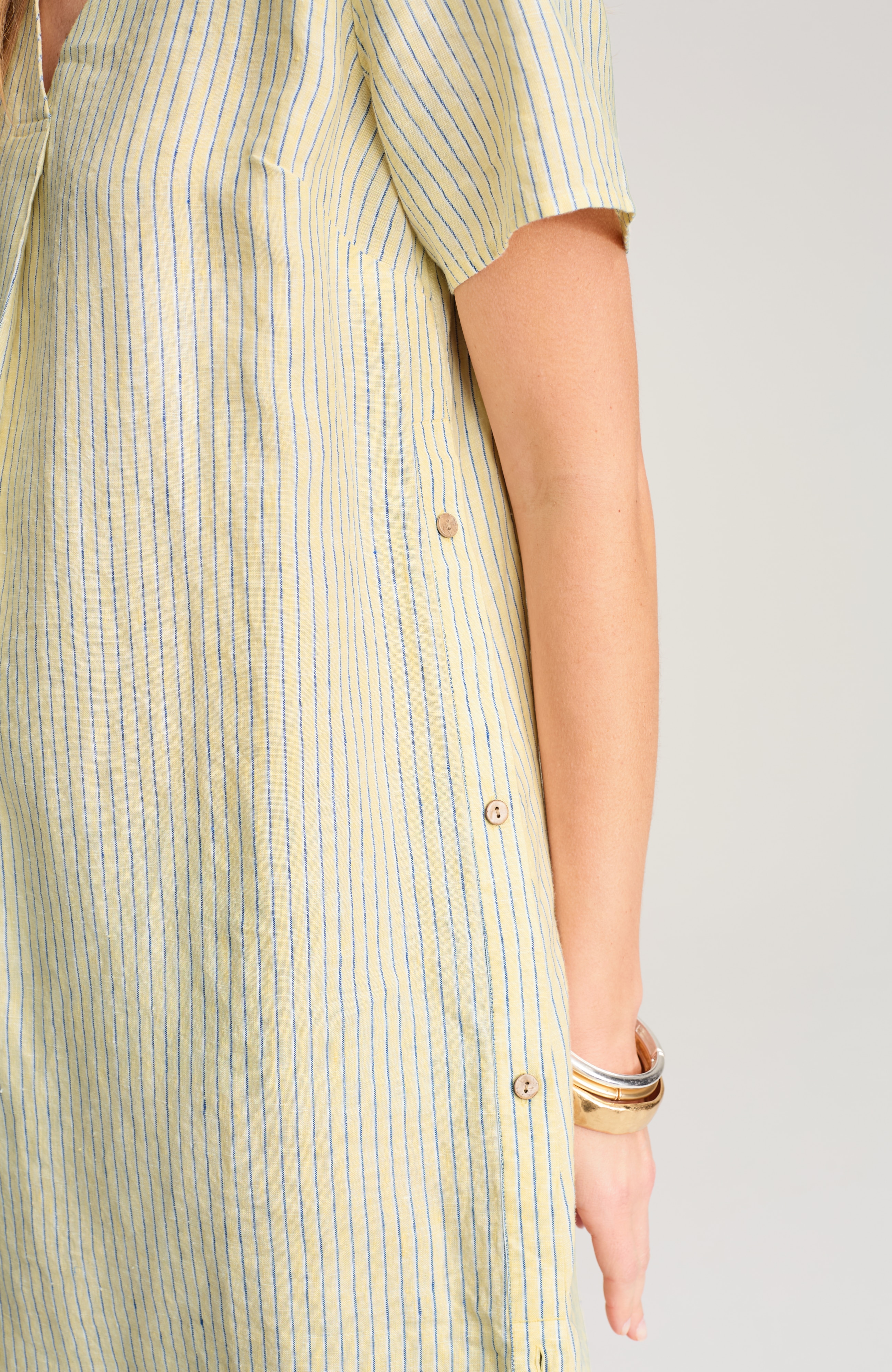 side-button linen v-neck dress
