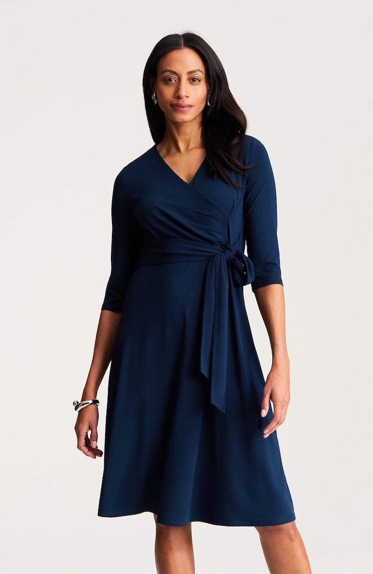 wrap around neck dress Isla Mini by NIA Decorated with a subtle pattern of winding vines in deep green. Linen Wrap Dress with Shawl