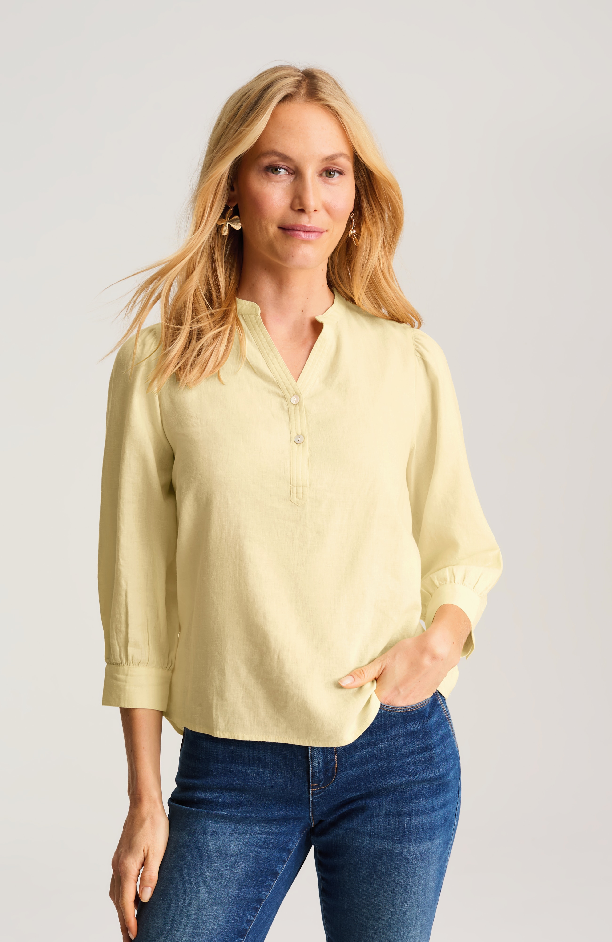 LINEN-BLEND SHIRRED-SLEEVE POPOVER | JJill