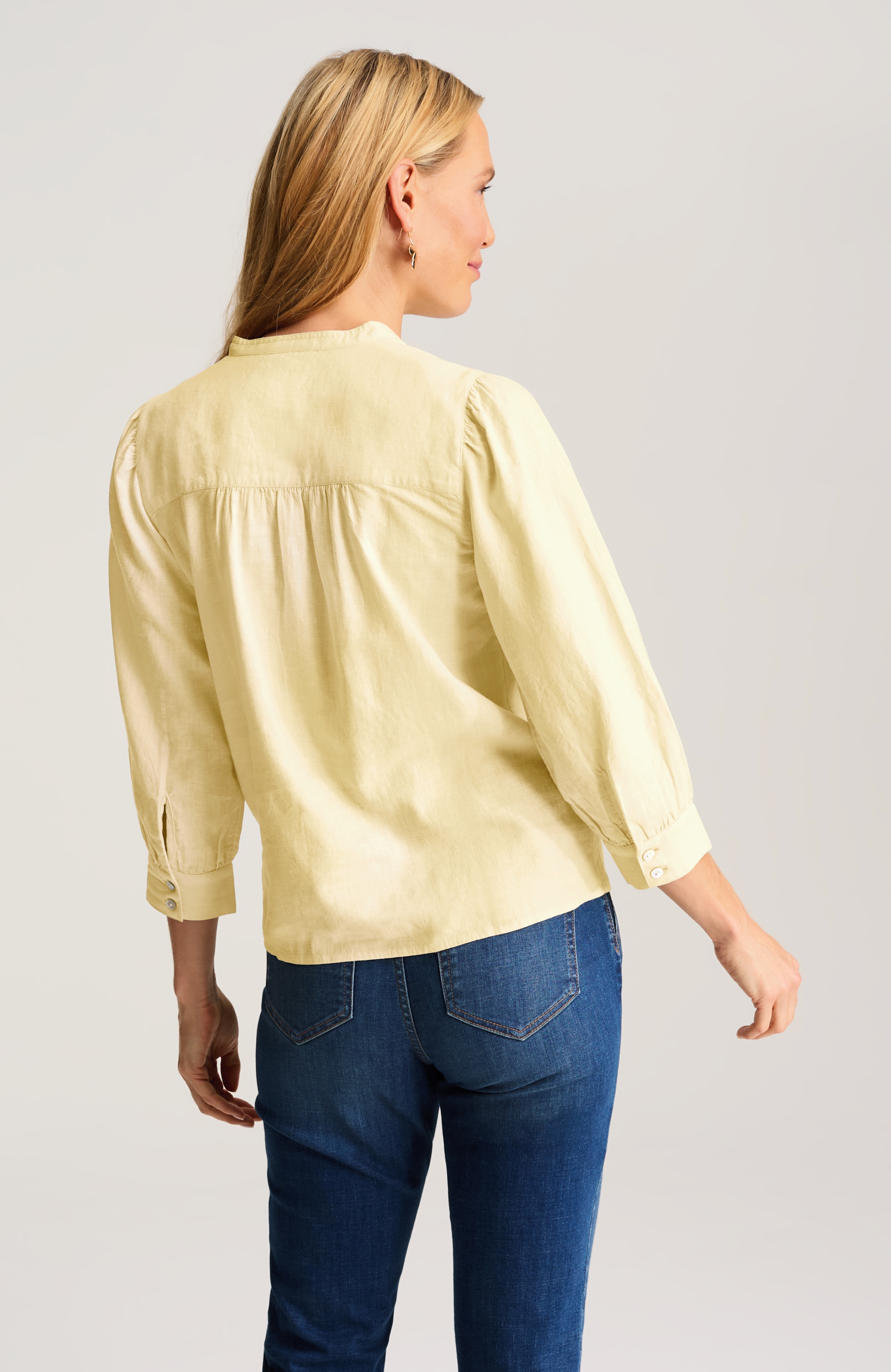 LINEN-BLEND SHIRRED-SLEEVE POPOVER | JJill