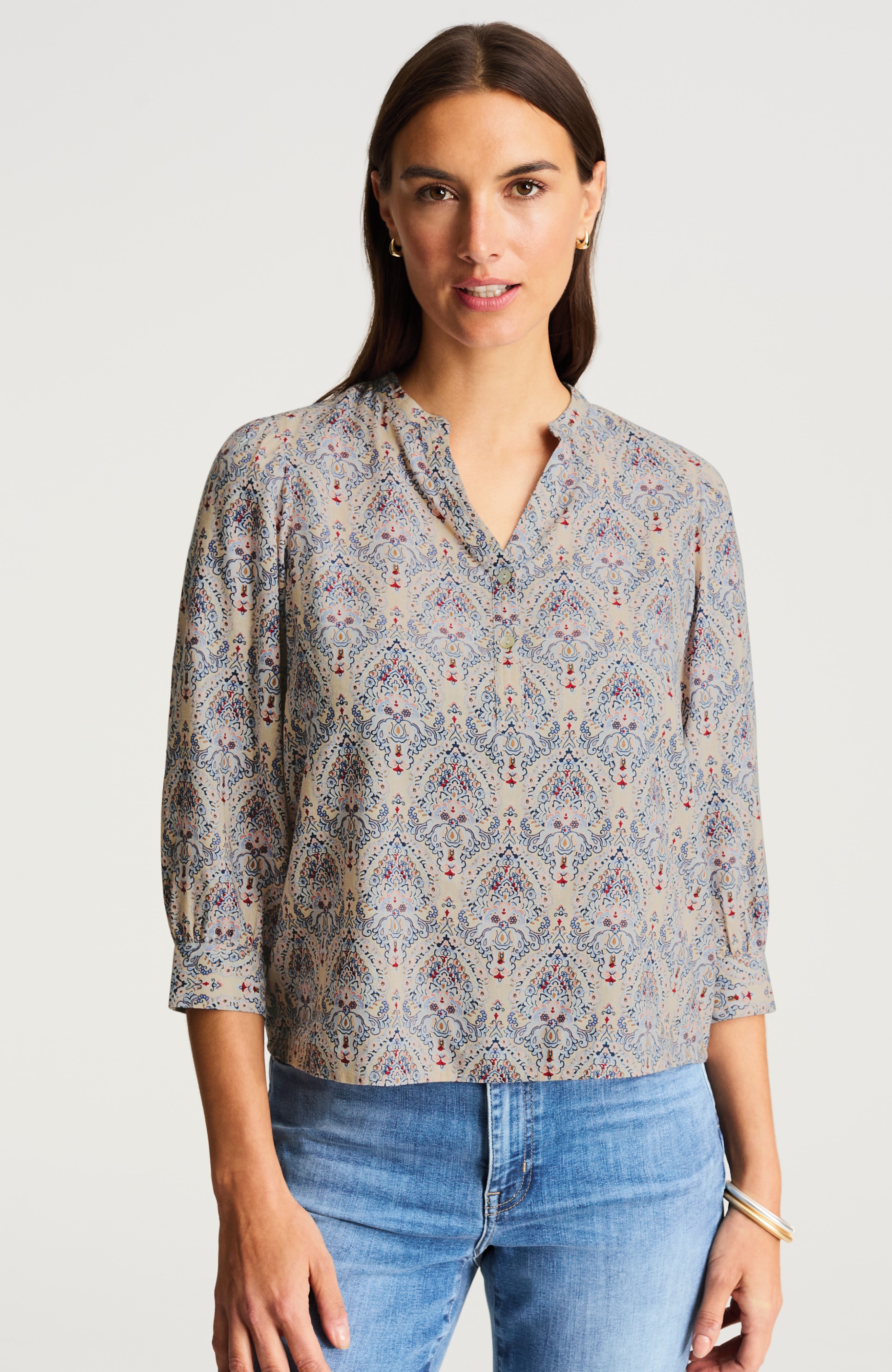 linen-blend shirred-sleeve popover