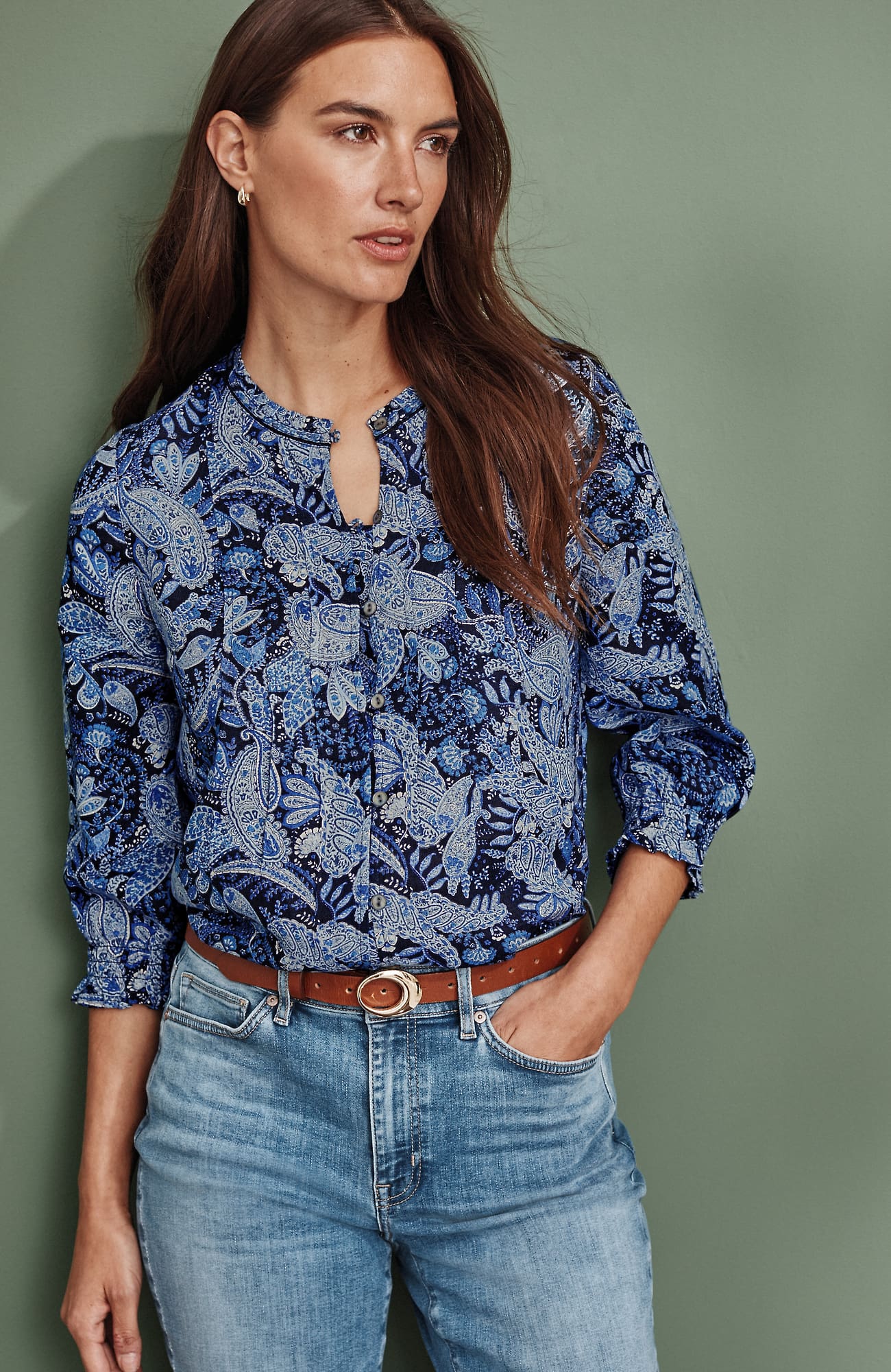 Jjill Tall Pintucked Linen Button-front Shirt In Navy Blue Scarf Paisley