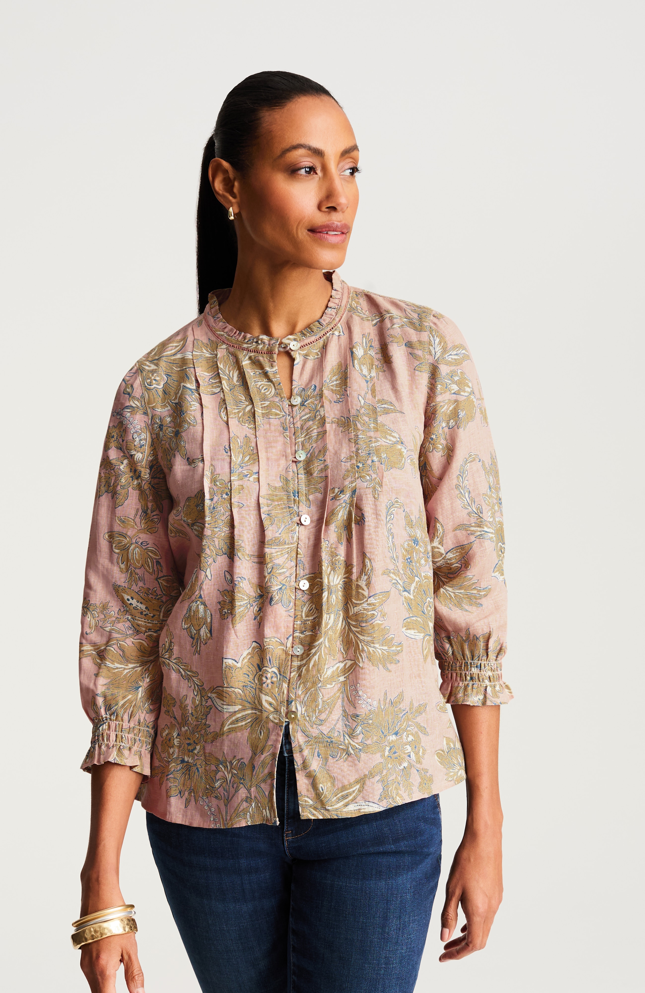 pintucked linen button-front shirt