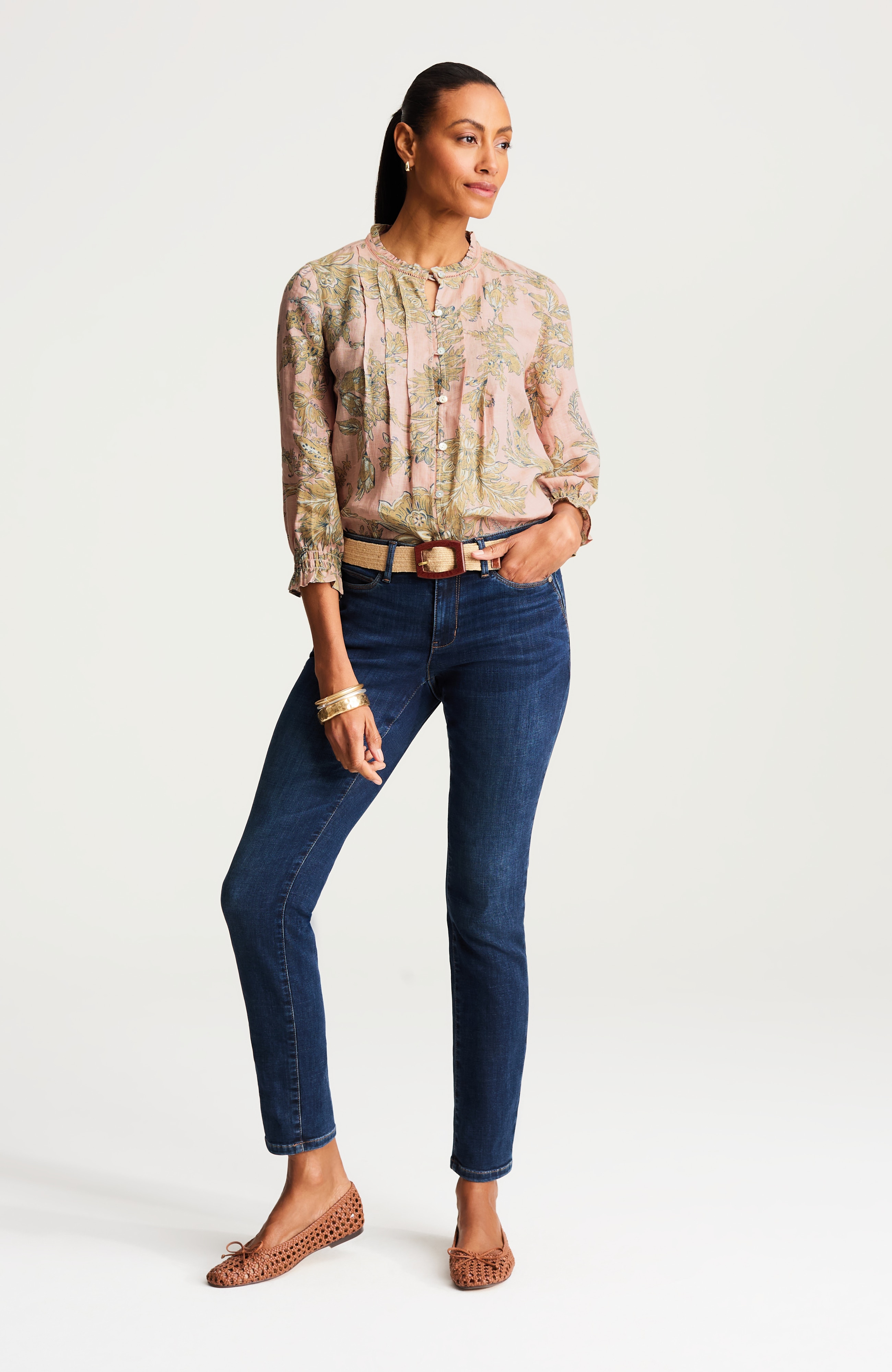 pintucked linen button-front shirt