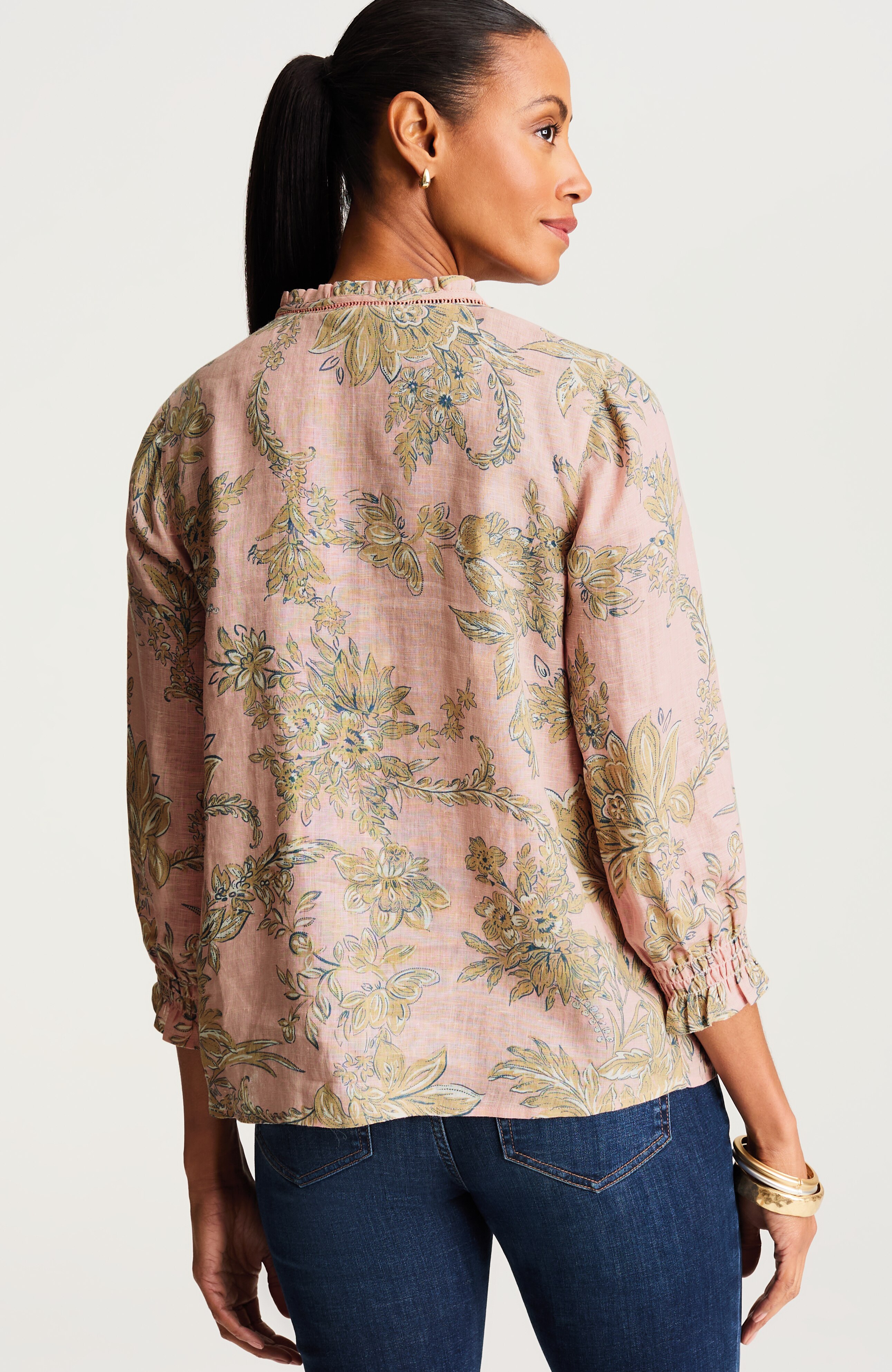 pintucked linen button-front shirt