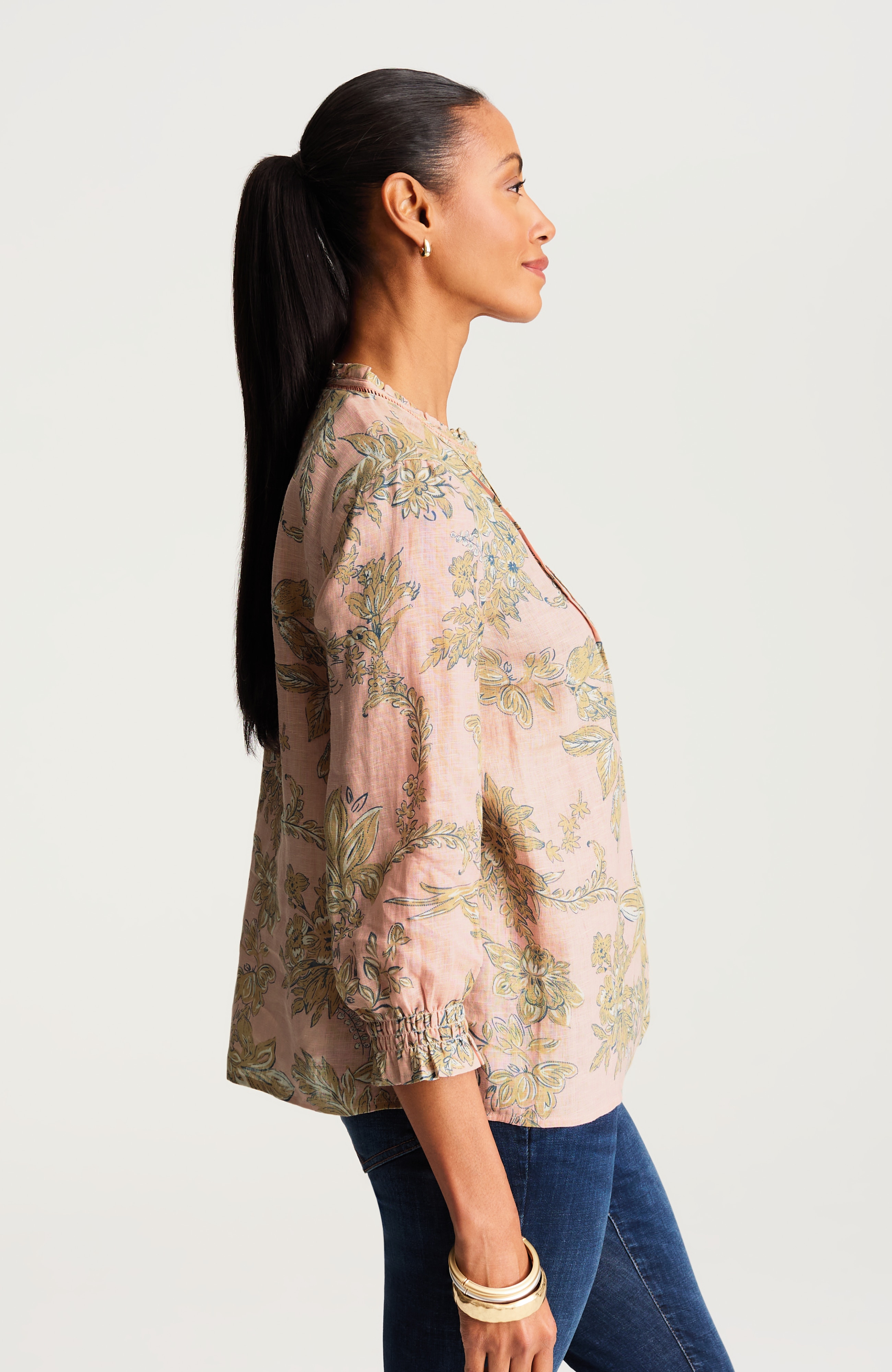 pintucked linen button-front shirt