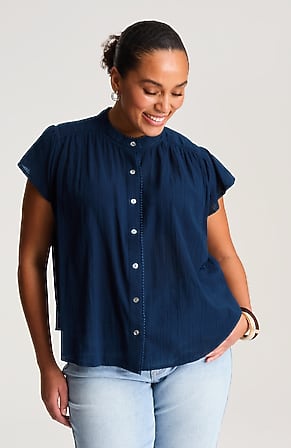 Image for Shirred-Trim Cap-Sleeve Top