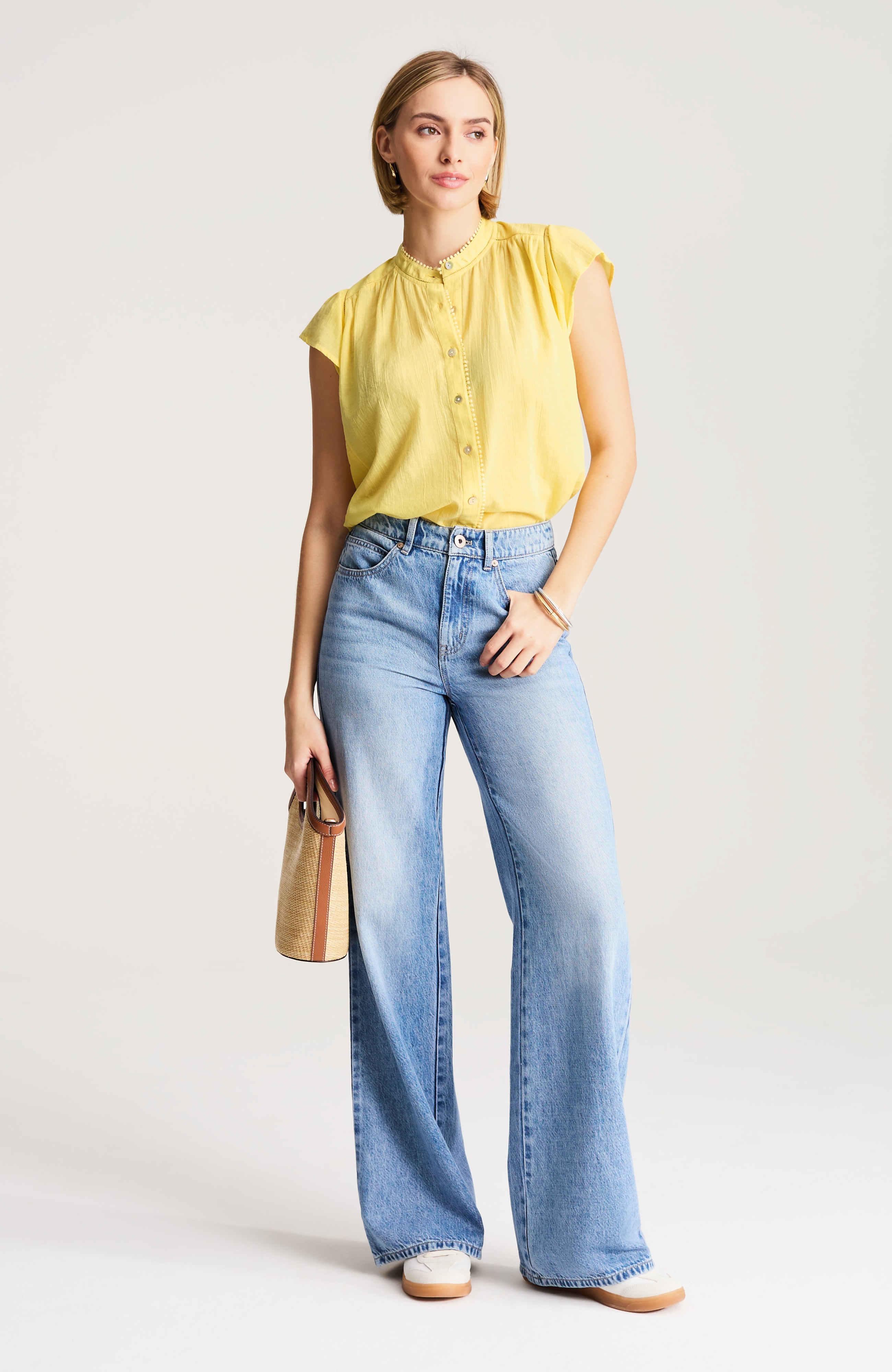 shirred-trim cap-sleeve top