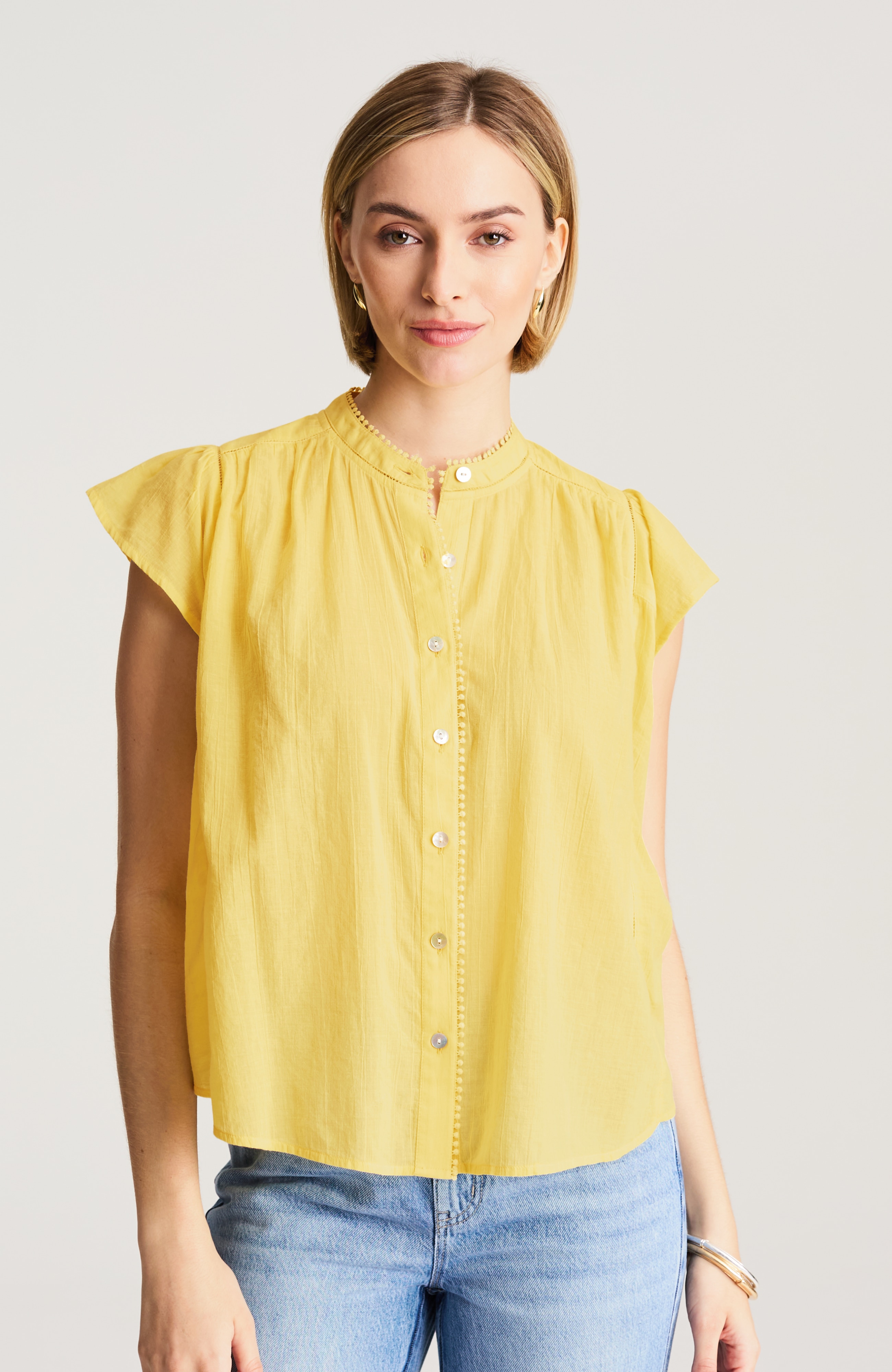 shirred-trim cap-sleeve top