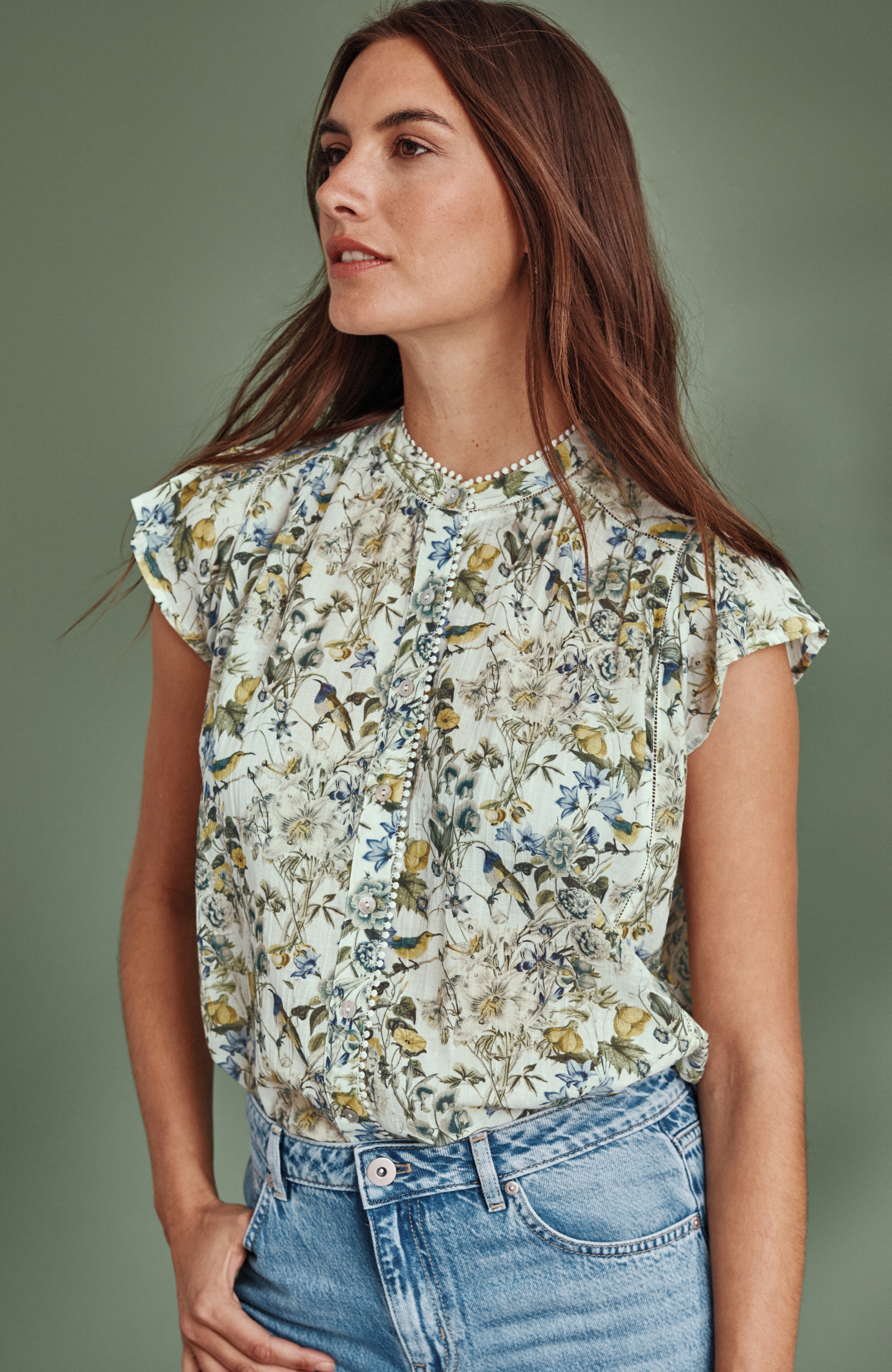 Shirred-Trim Cap-Sleeve Top | JJill