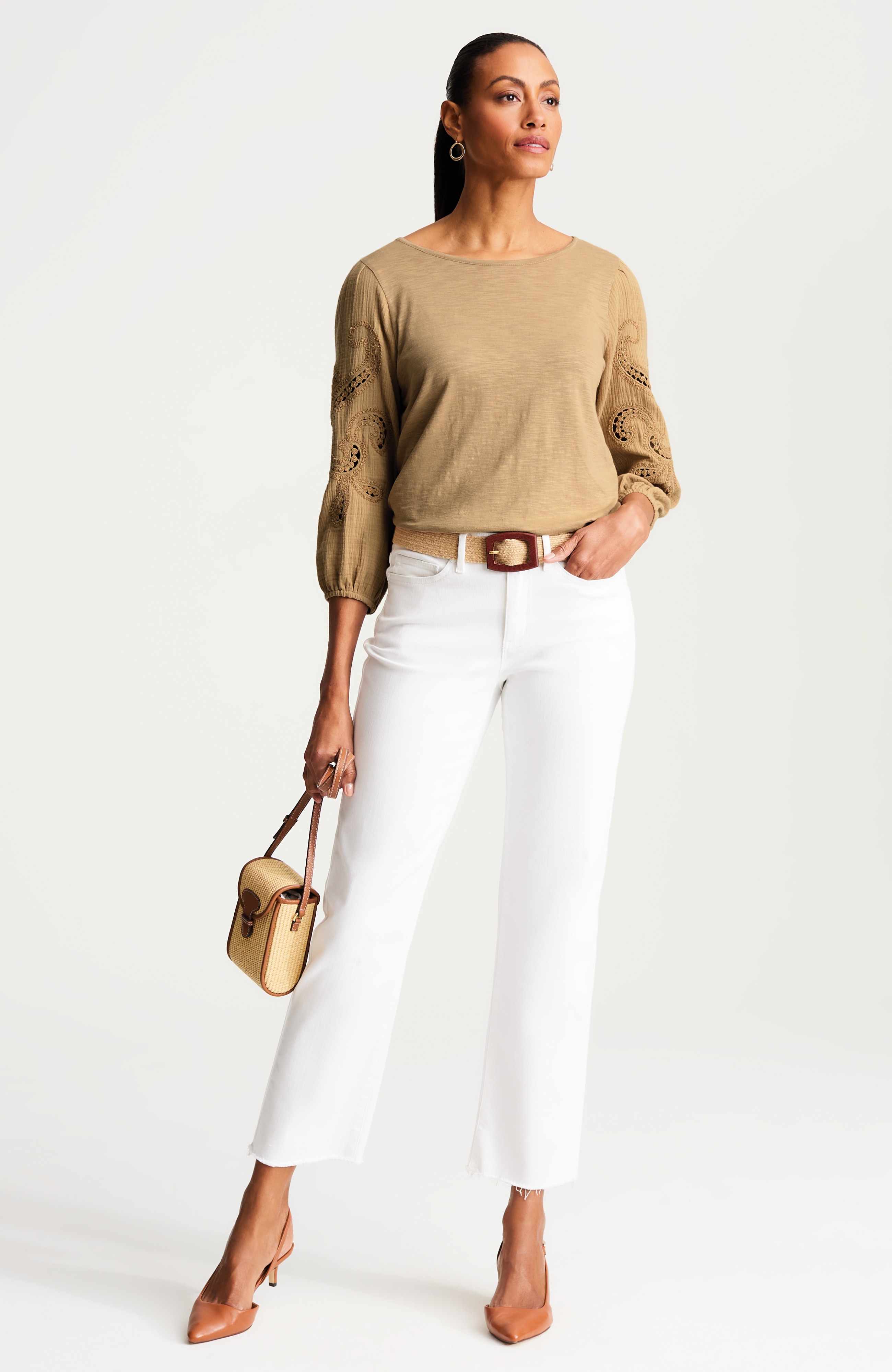 embroidered mixed-media top