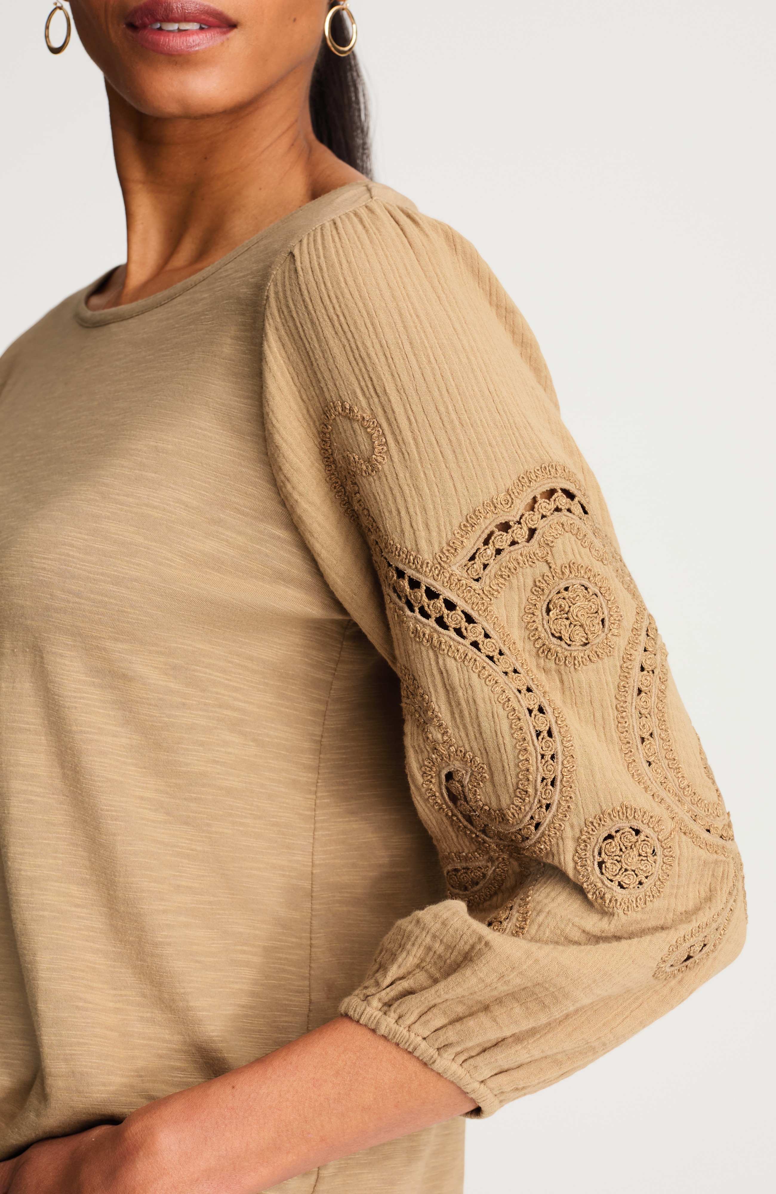 embroidered mixed-media top