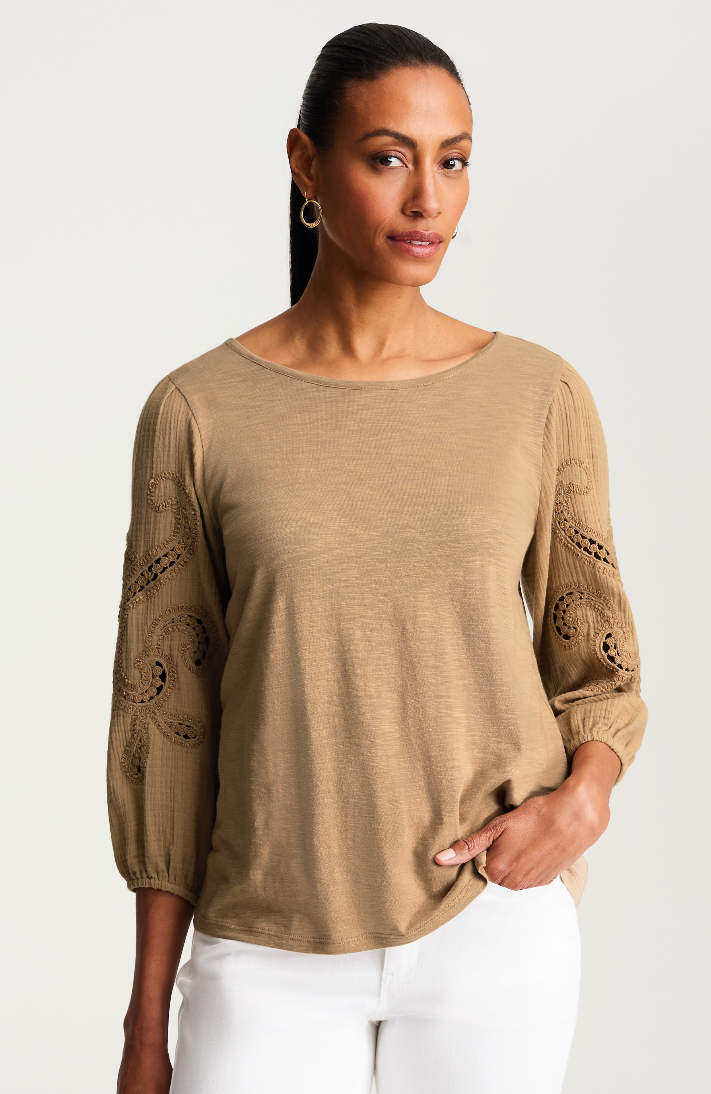 embroidered mixed-media top