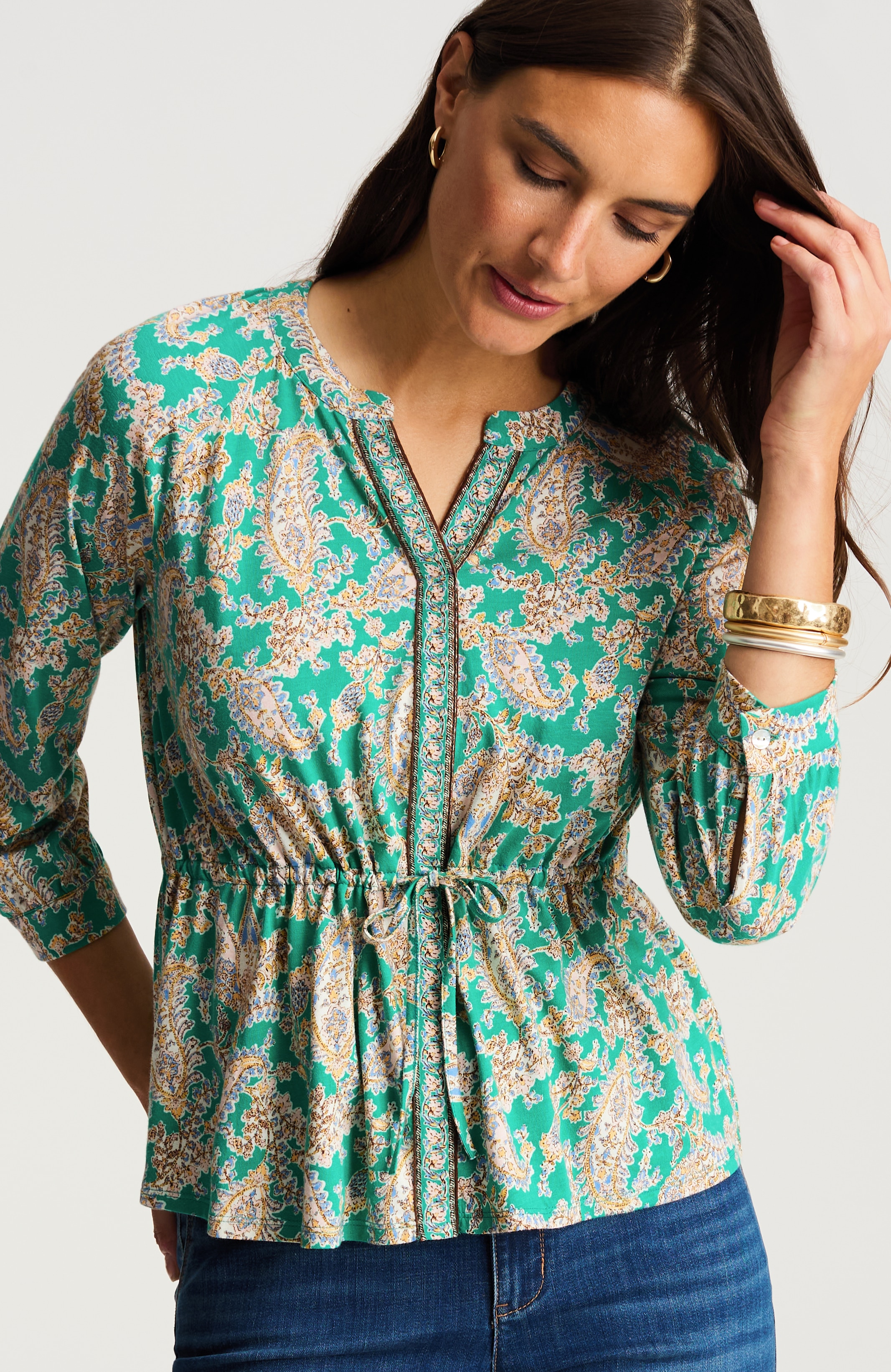 printed tie-waist knit blouse
