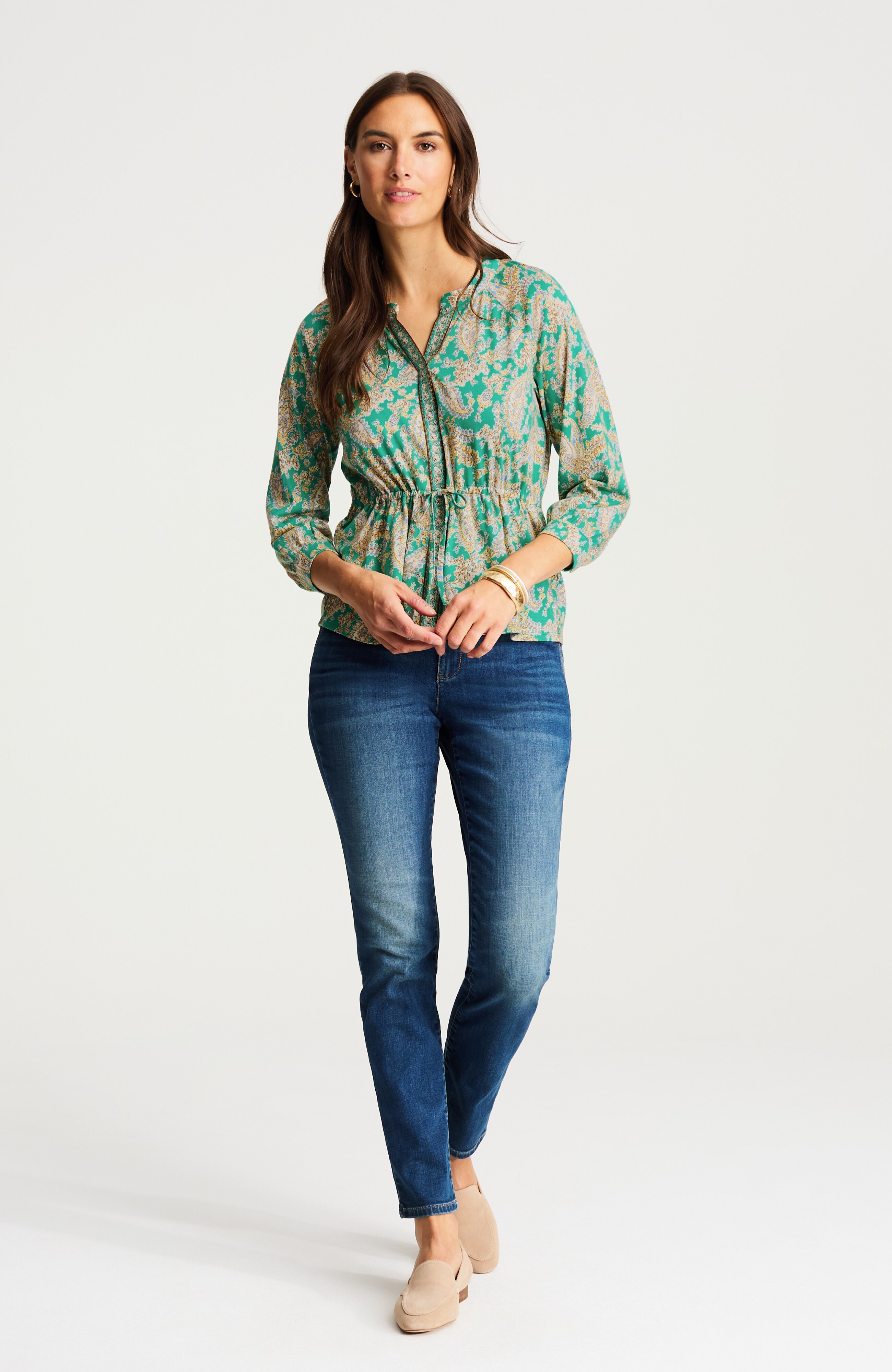 printed tie-waist knit blouse