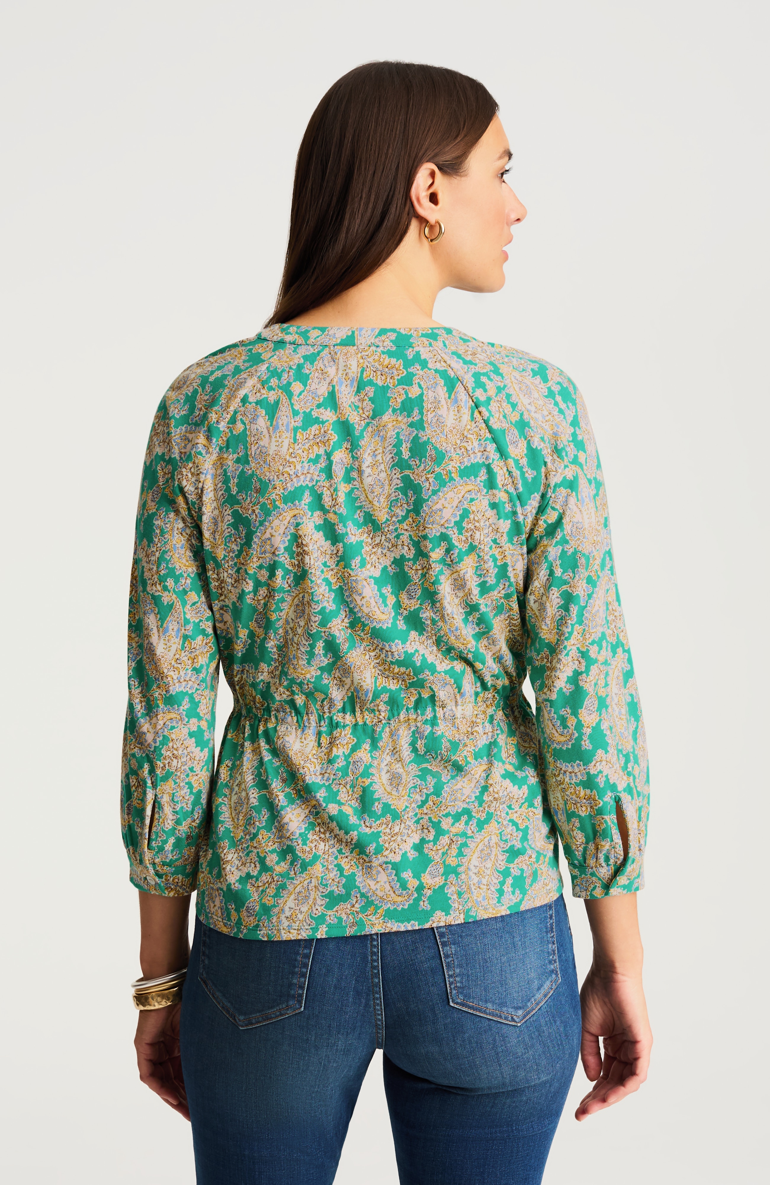 printed tie-waist knit blouse
