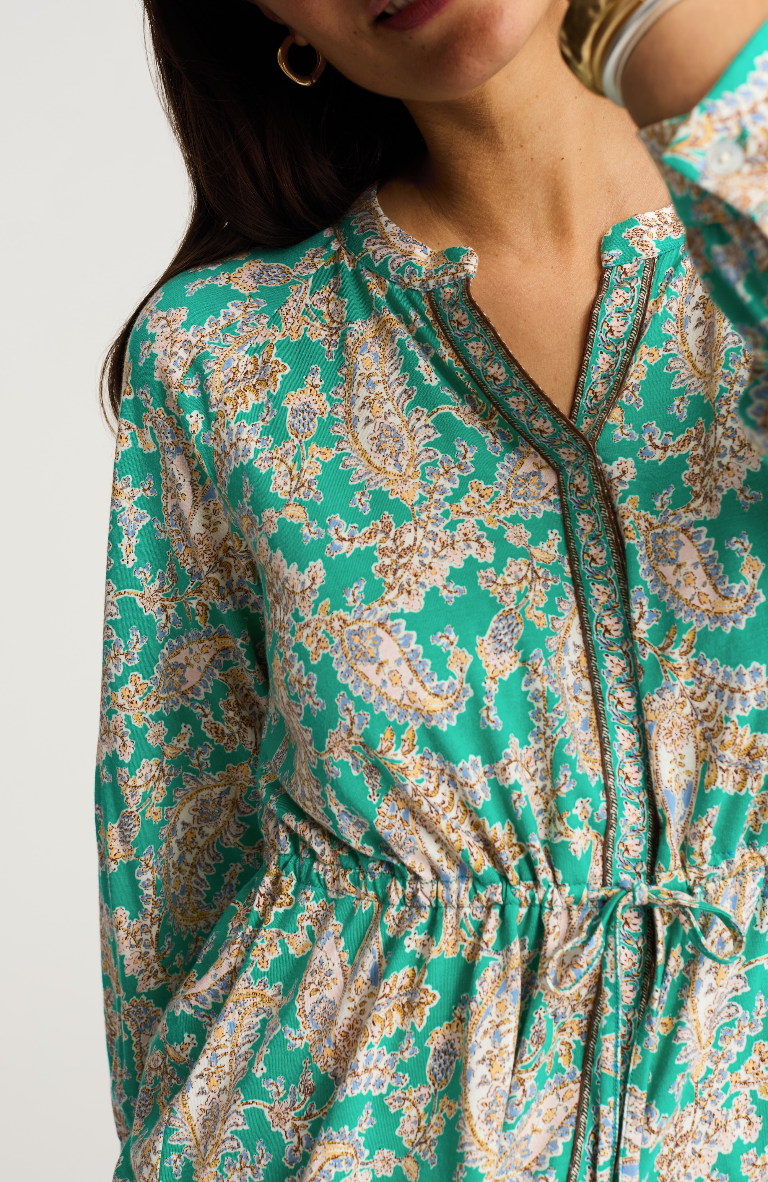 printed tie-waist knit blouse