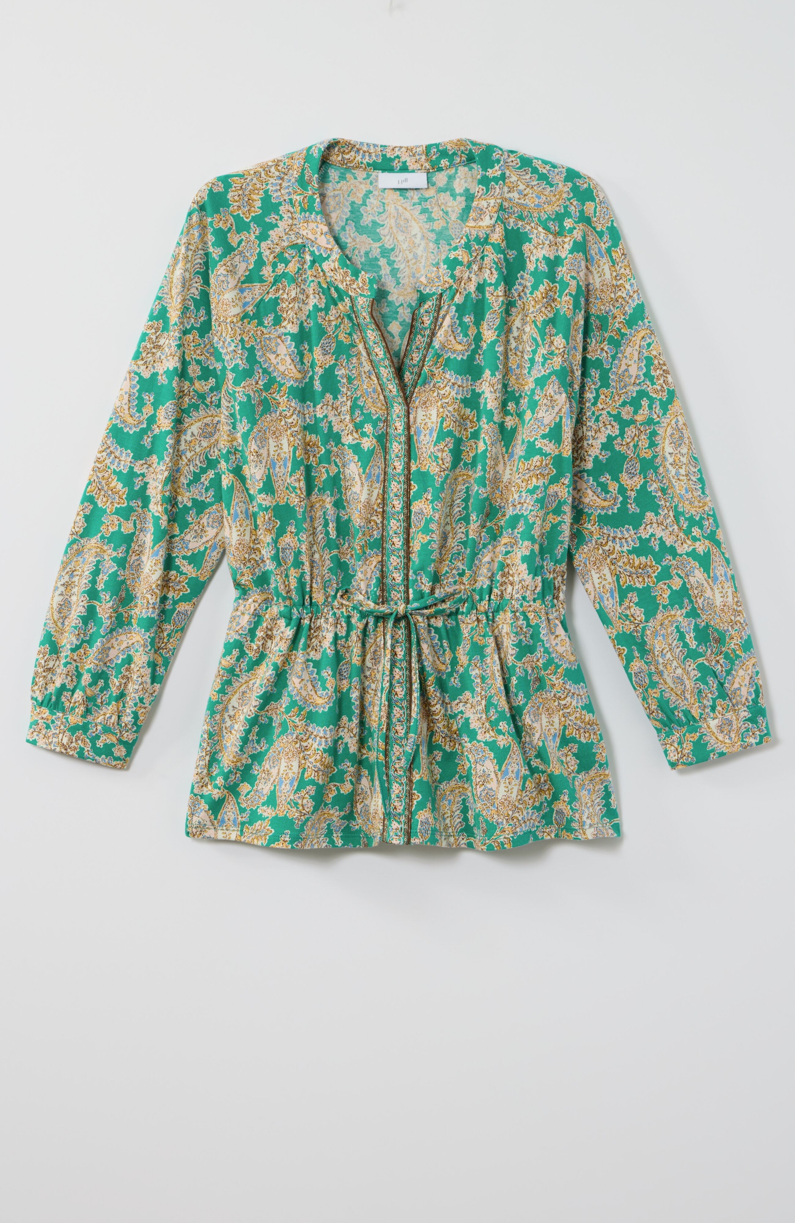 printed tie-waist knit blouse