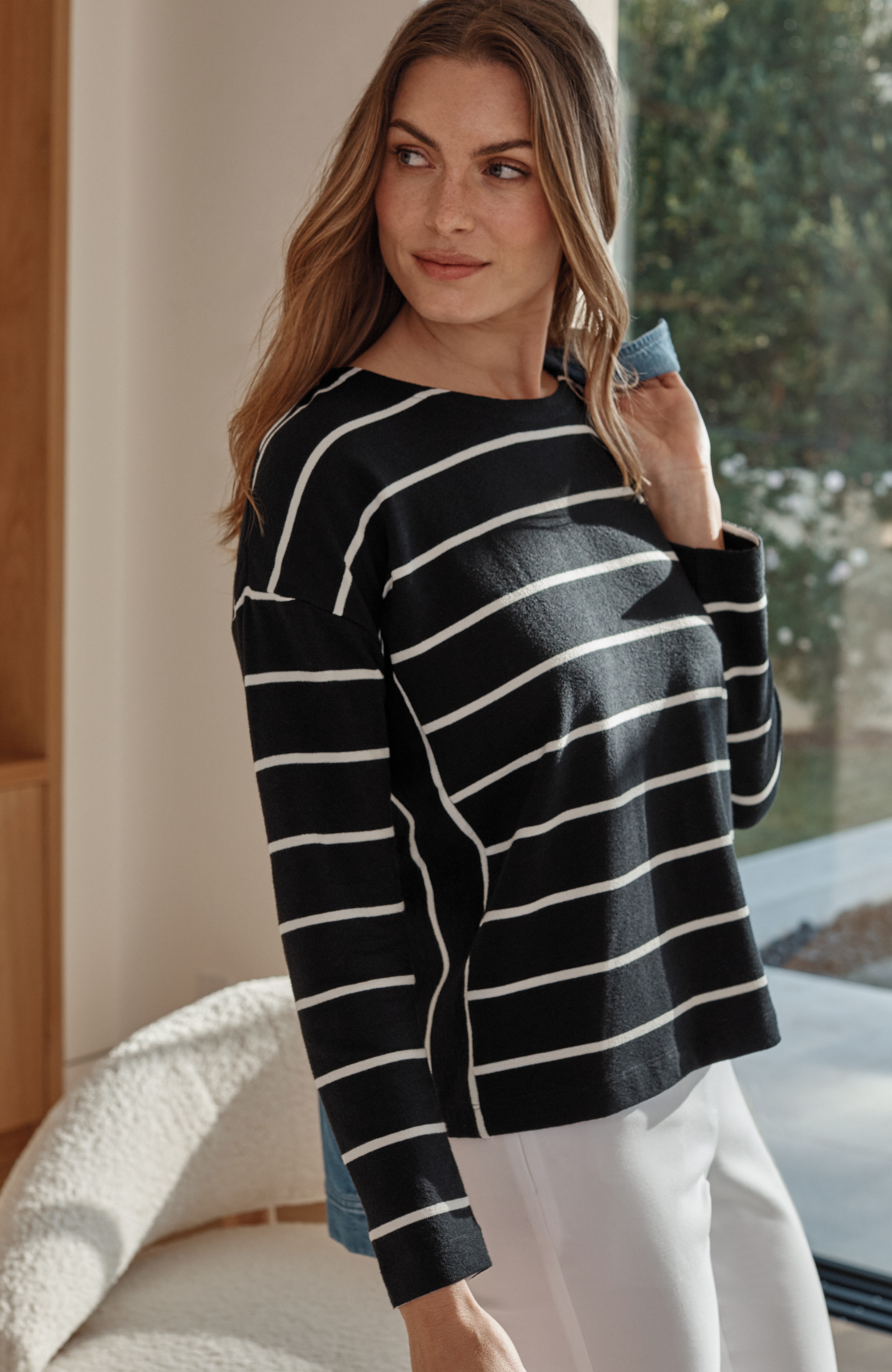 mixed-stripe long-sleeve top