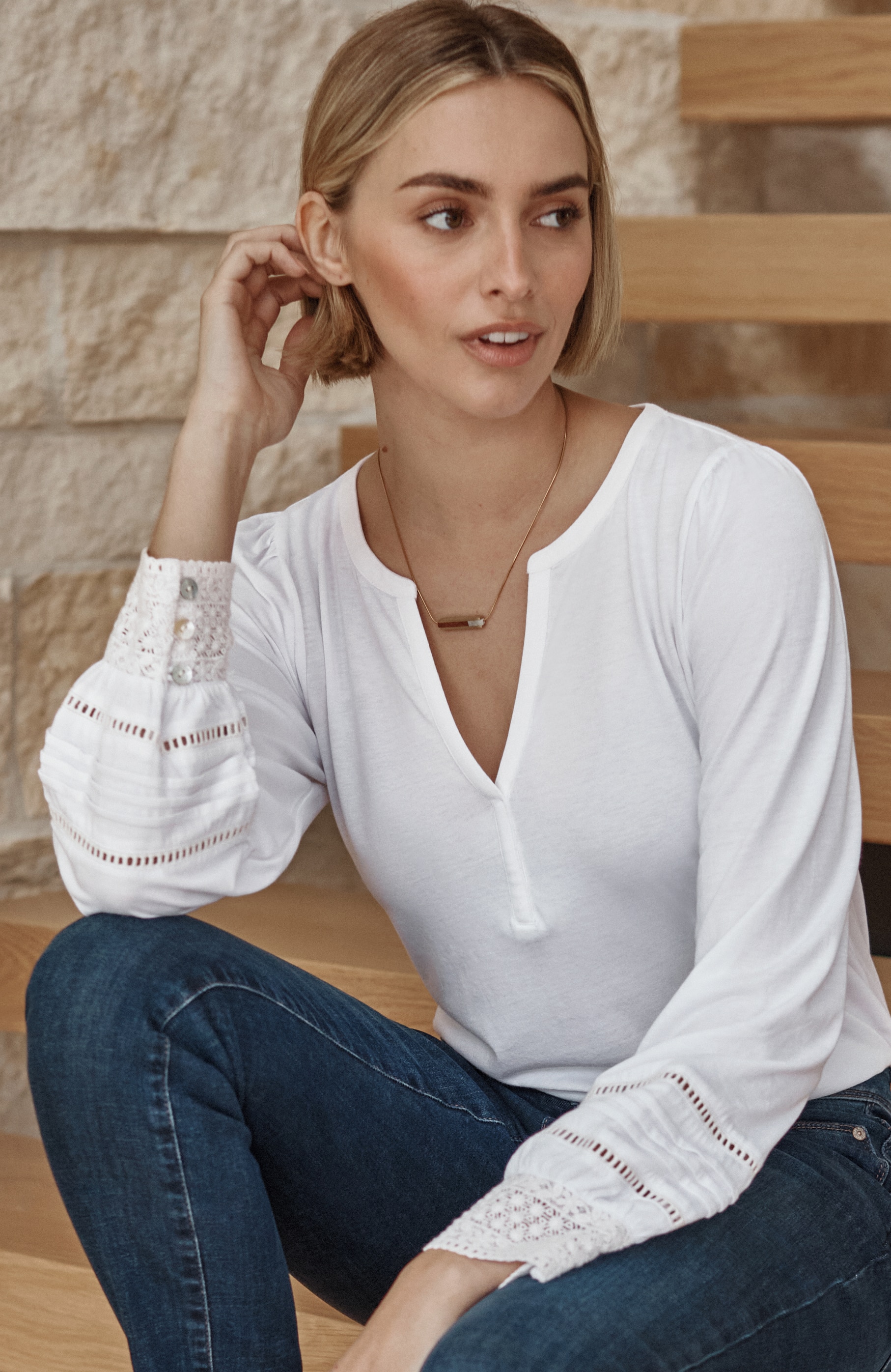トップス LESS TAILOR LACE-TRIMMED LONG-SLEEVE TOP | JJill