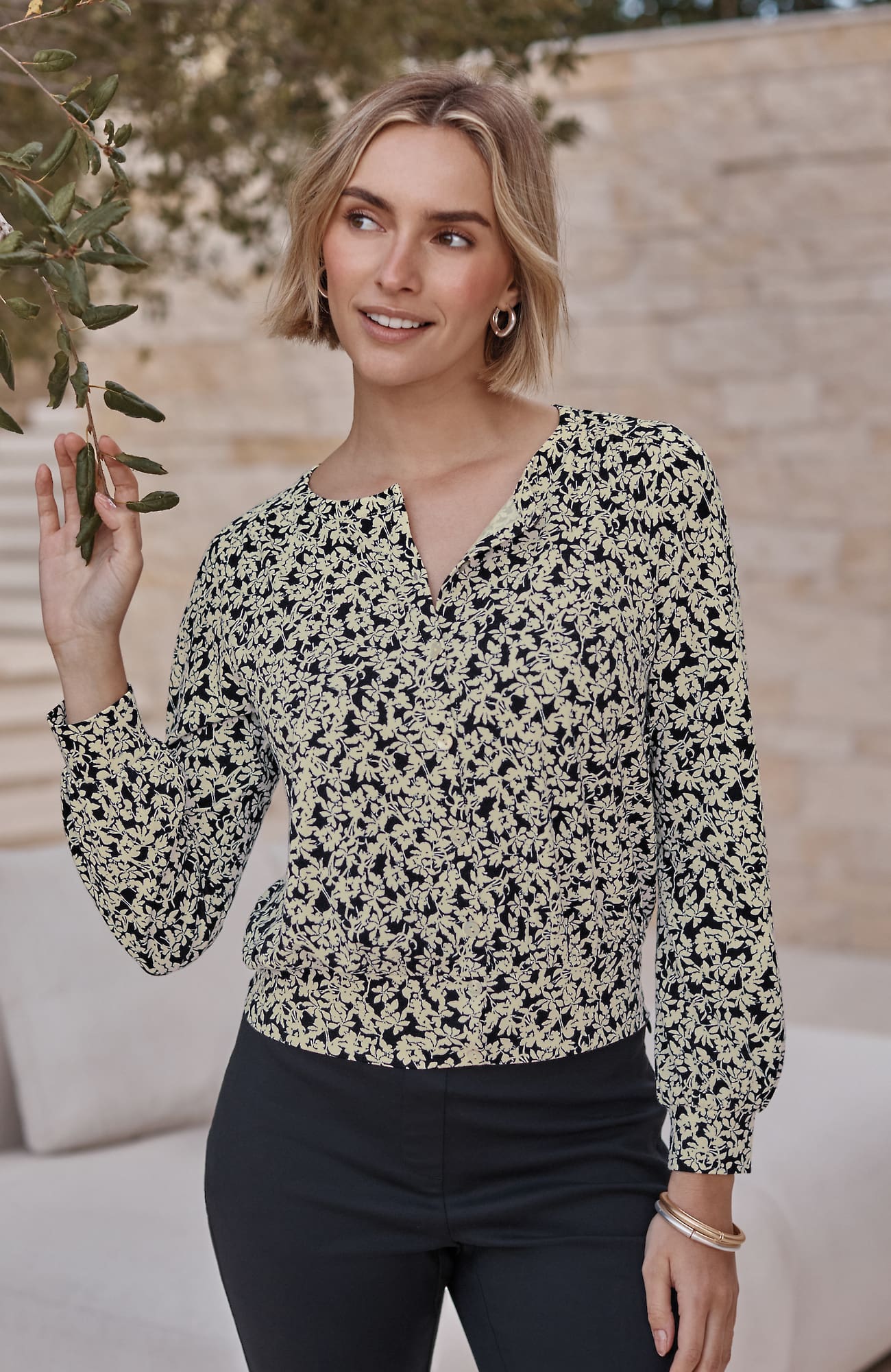 Women's Plus Size Banded-Hem Jersey Top (Black Silhouette Leaves) (Size: 2X) J. Jill