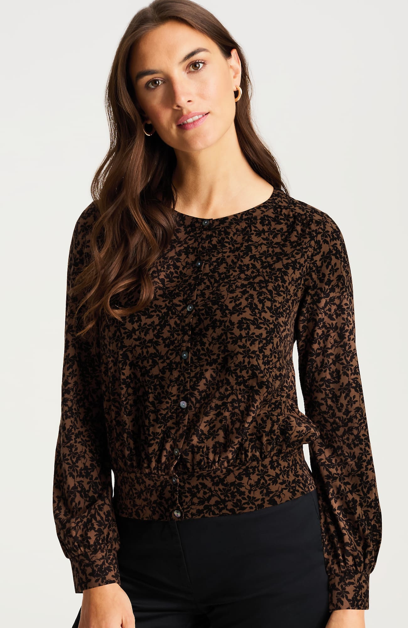 Women's Plus Size Banded-Hem Jersey Top (Cocoa Bean Silhouette Leaves) (Size: 3X) J. Jill