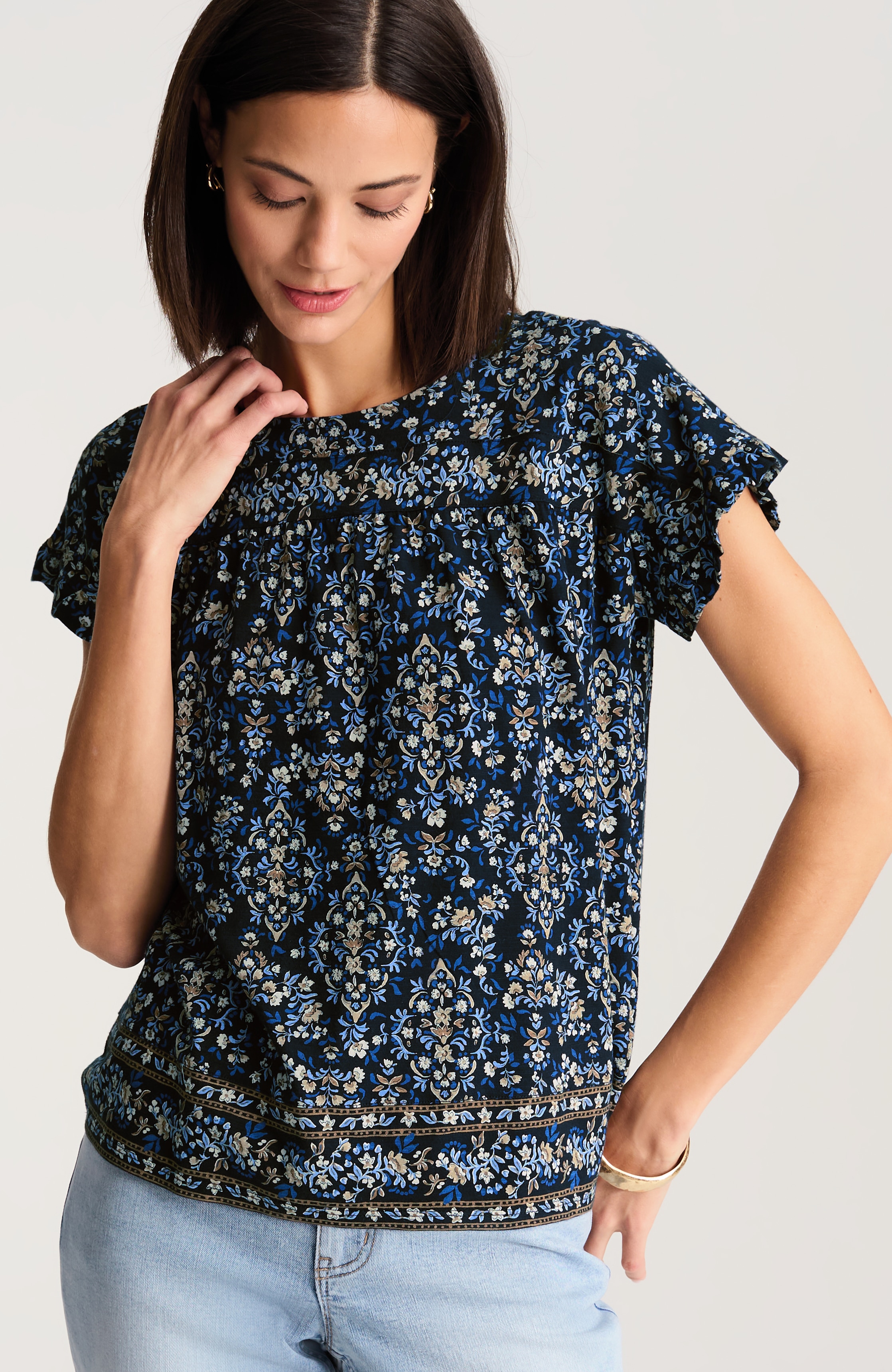 scarf-print cap-sleeve top