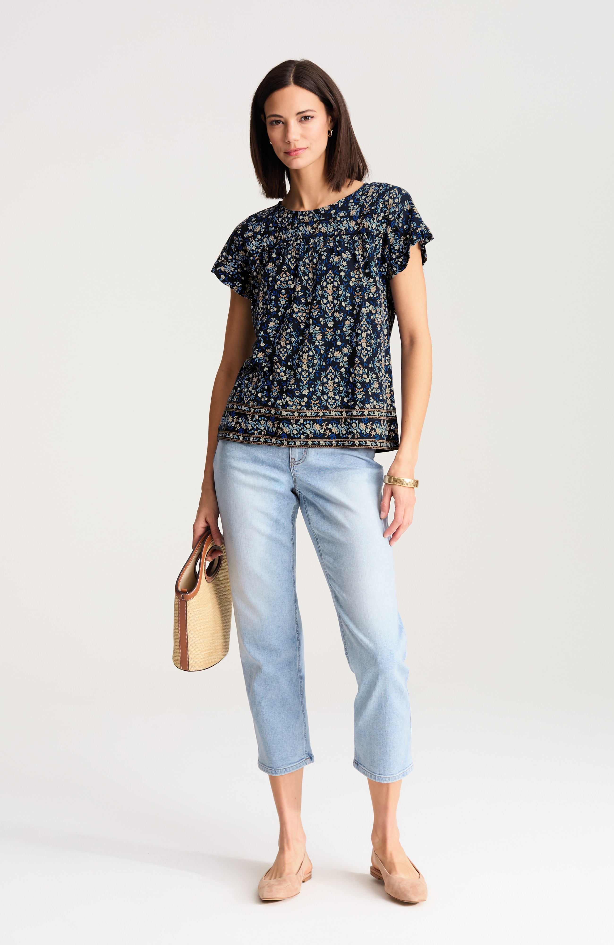 scarf-print cap-sleeve top