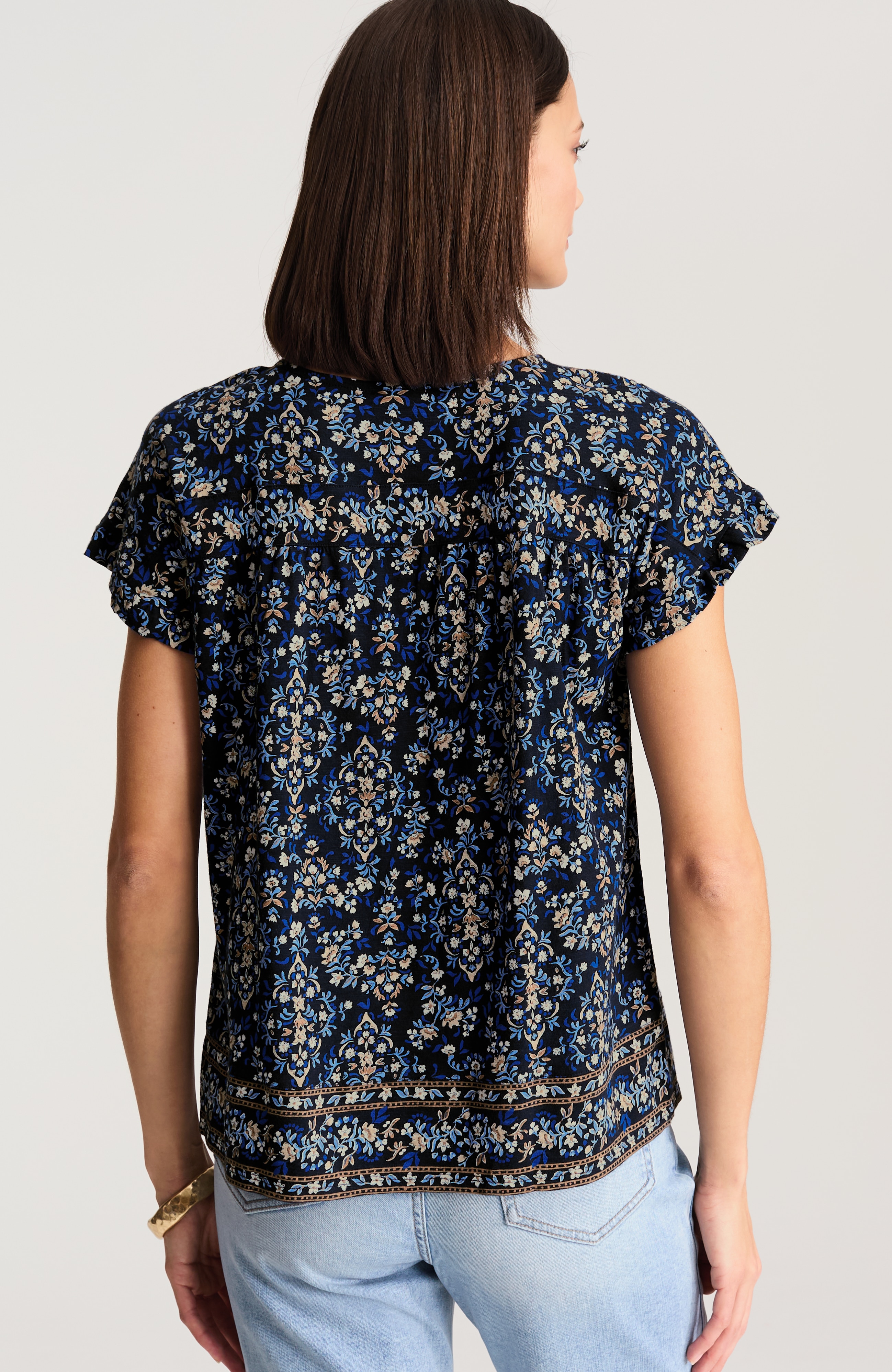 scarf-print cap-sleeve top