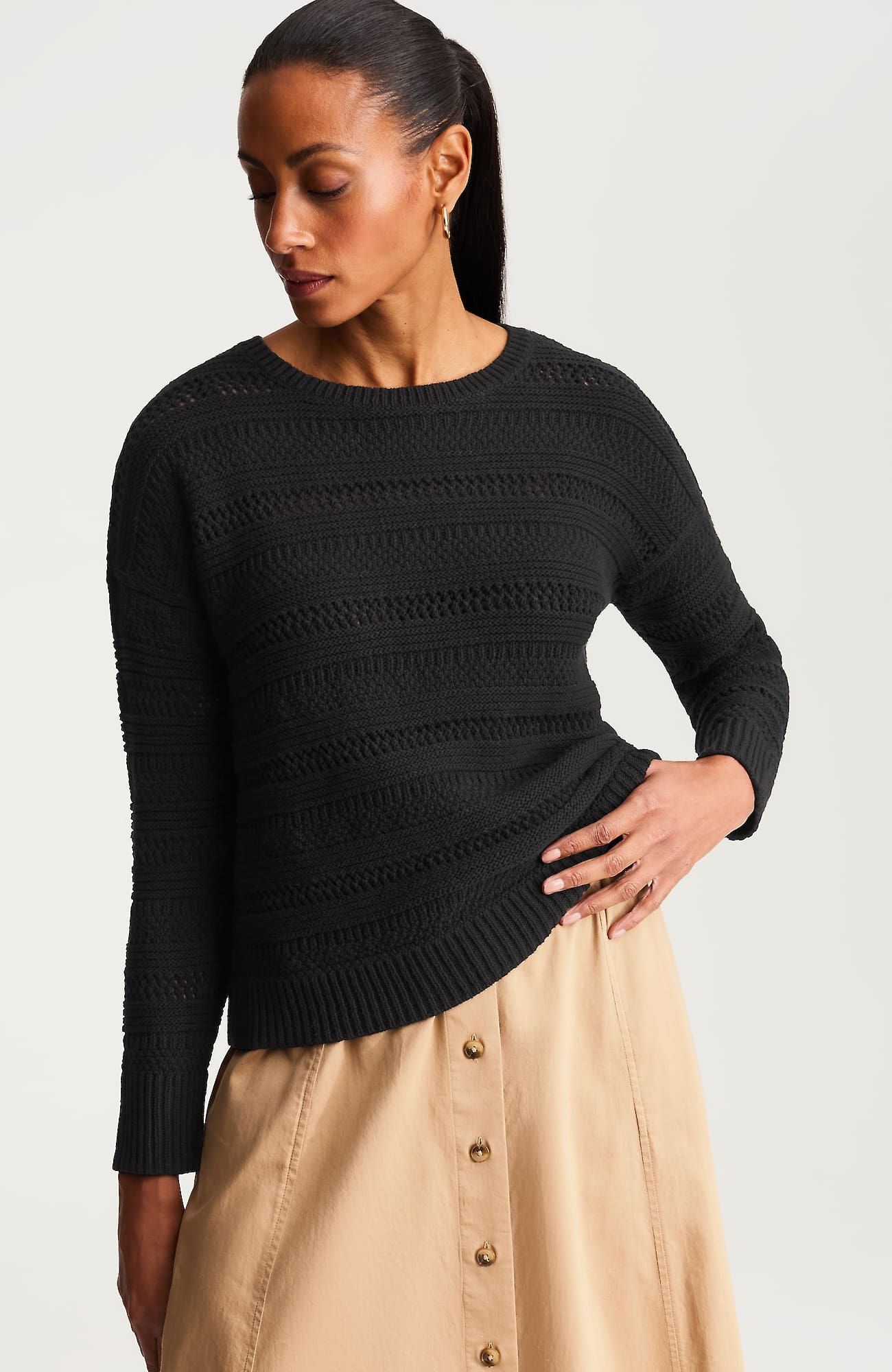 Jjill Tall Open-texture Pullover Sweater In Black