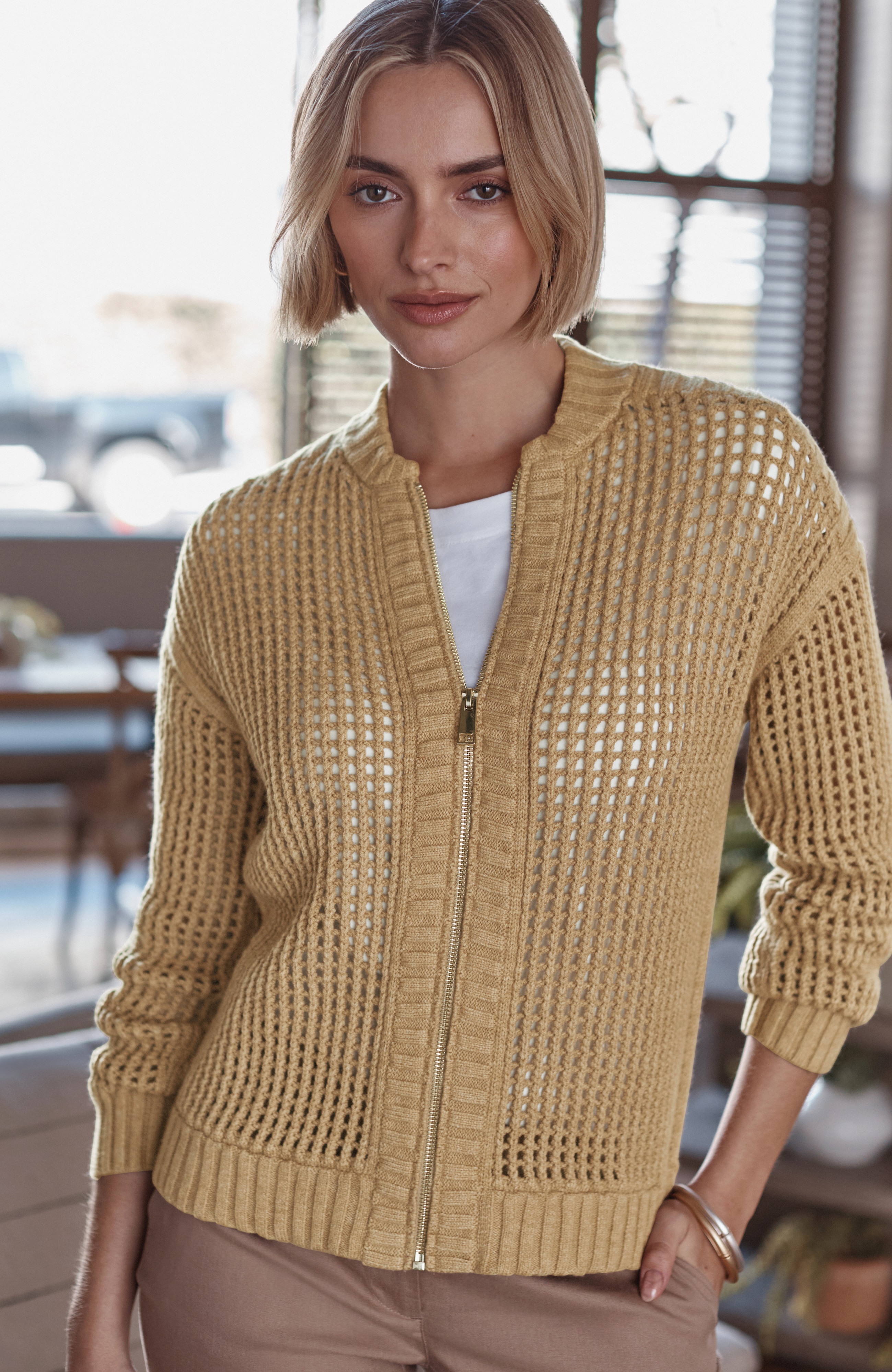 open-stitch zip-front cardi